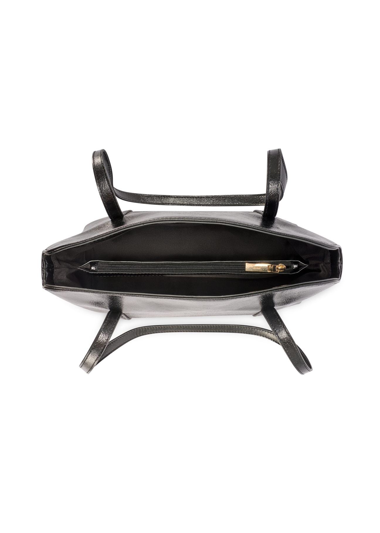 Čierna dámska kabelka s leskom TOREC-1205-9F(W26) - pohľad na produkt zhora, na bielom podklade.