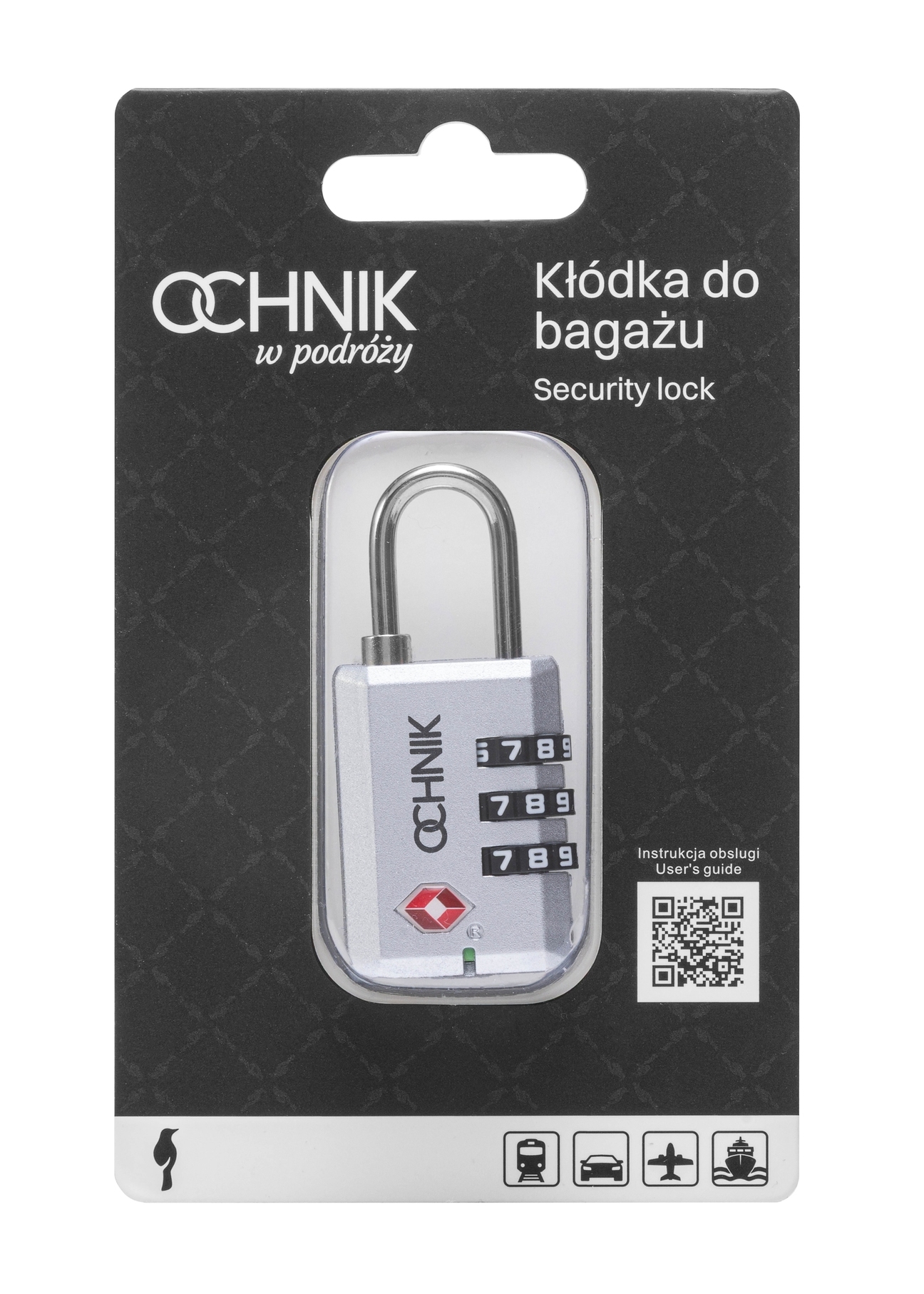 Strieborný kombinovaný zámok TSA AW-015-0002-92(W25), pohľad na produkt v balení na bielom pozadí.