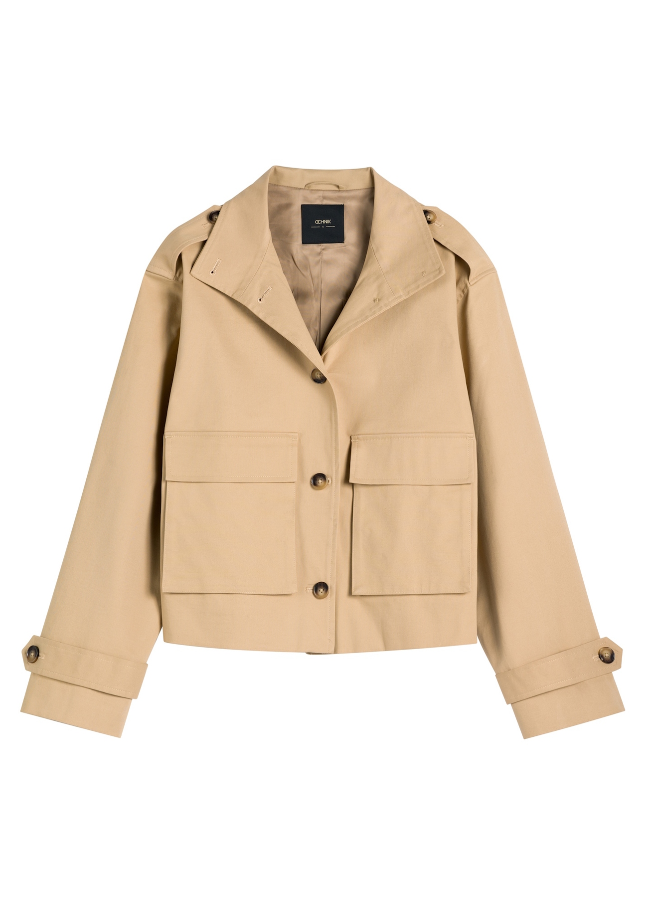 Béžová dámska prechodná bunda KURDT-0628-1B(W26), pohľad spredu na bielom pozadí.