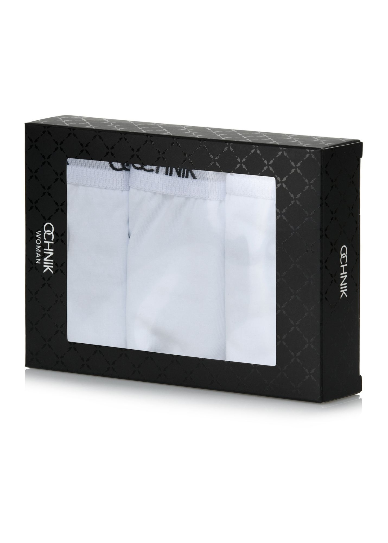 Balenie troch bielych dámskych nohavičiek ZESDS-0002-0A(W26) - diagonálny pohľad na produkt, na bielom pozadí.