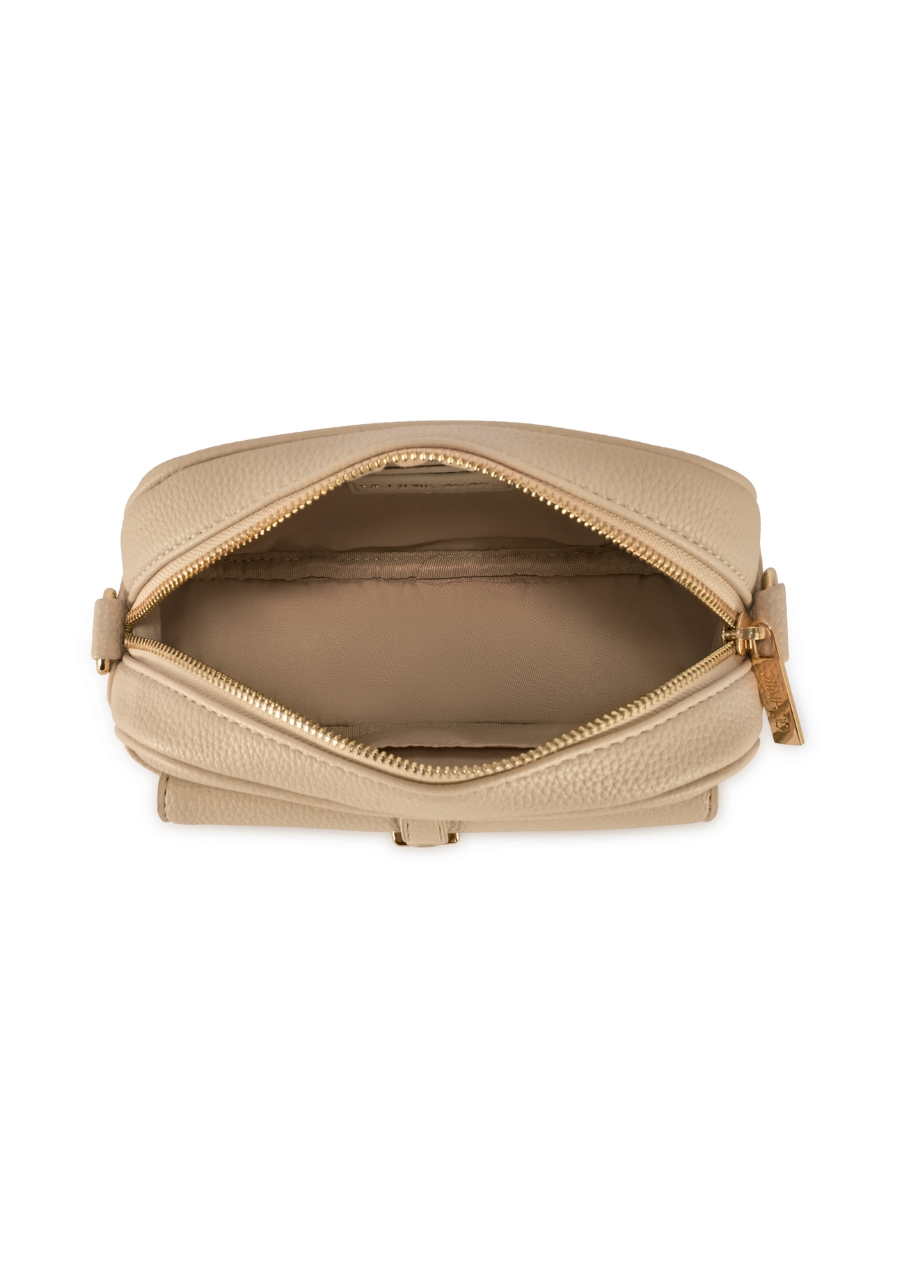 Malá béžová dámska kabelka TOREC-1174-1B(W26), pohľad na produkt zhora na bielom pozadí.