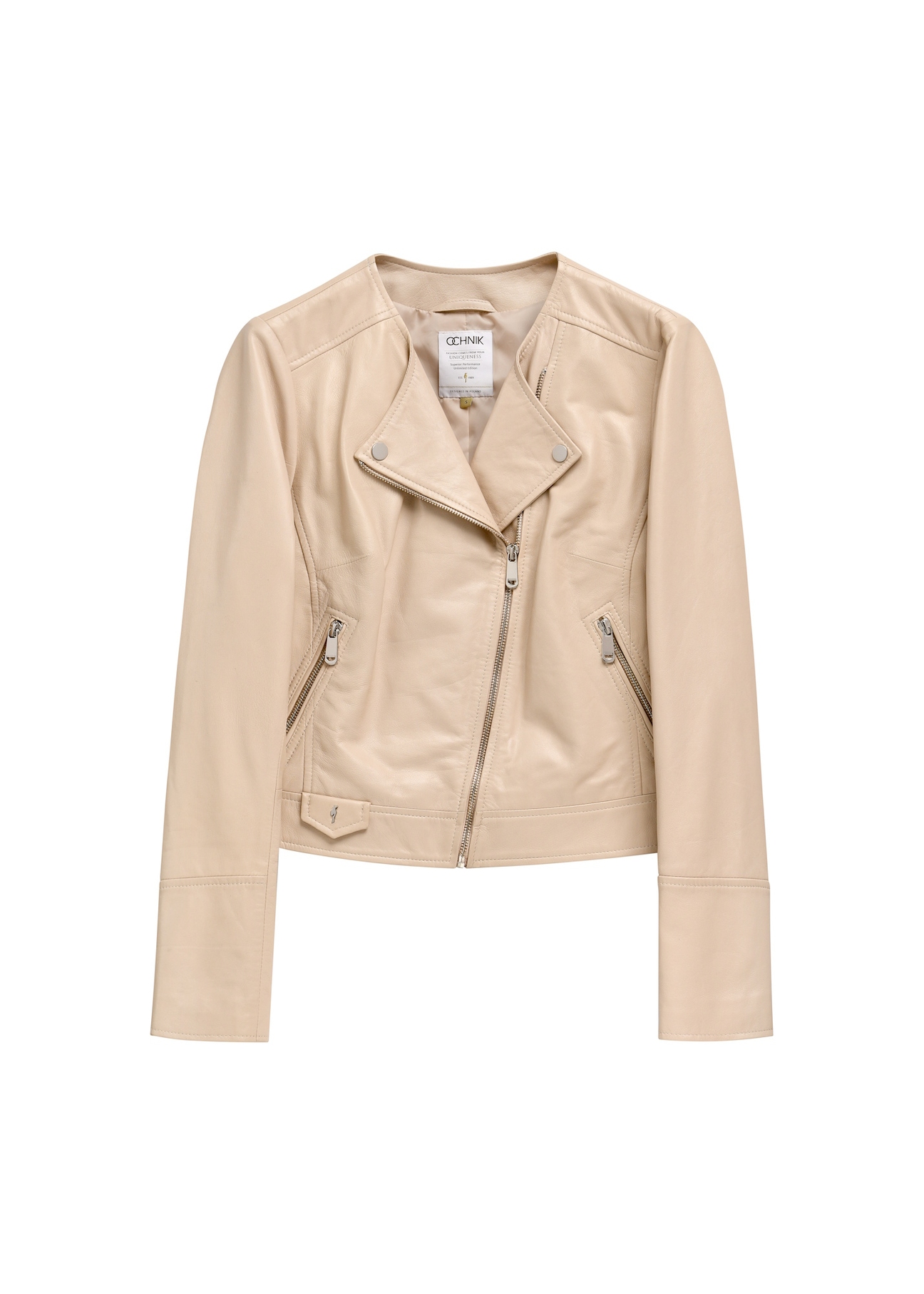 Béžová dámska kožená motorkárska bunda KURDS-0273-1B(KS) - pohľad spredu na produkt, na bielom pozadí.