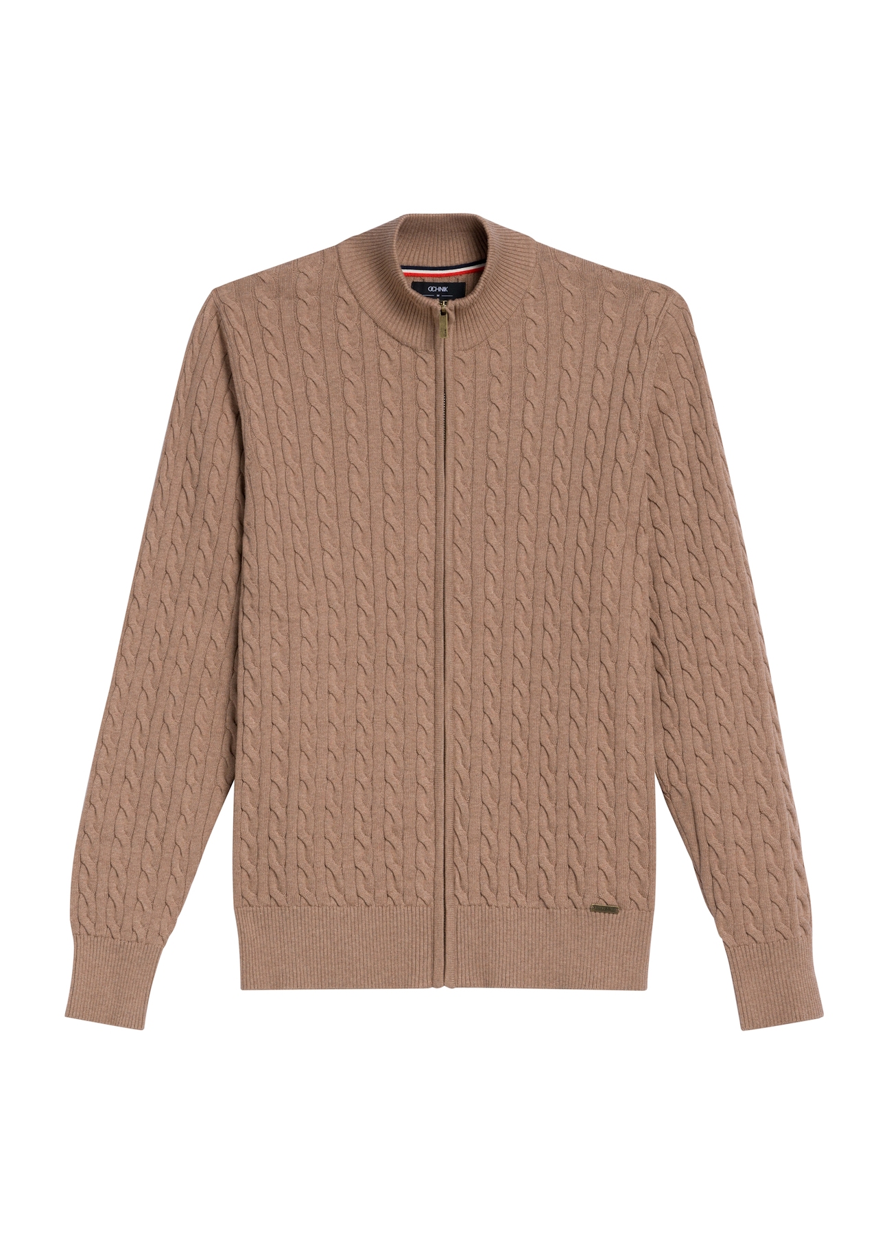 Pánsky karamelový sveter na zips SWEMT-0169-24(Z25) - pohľad spredu na produkt na bielom pozadí.