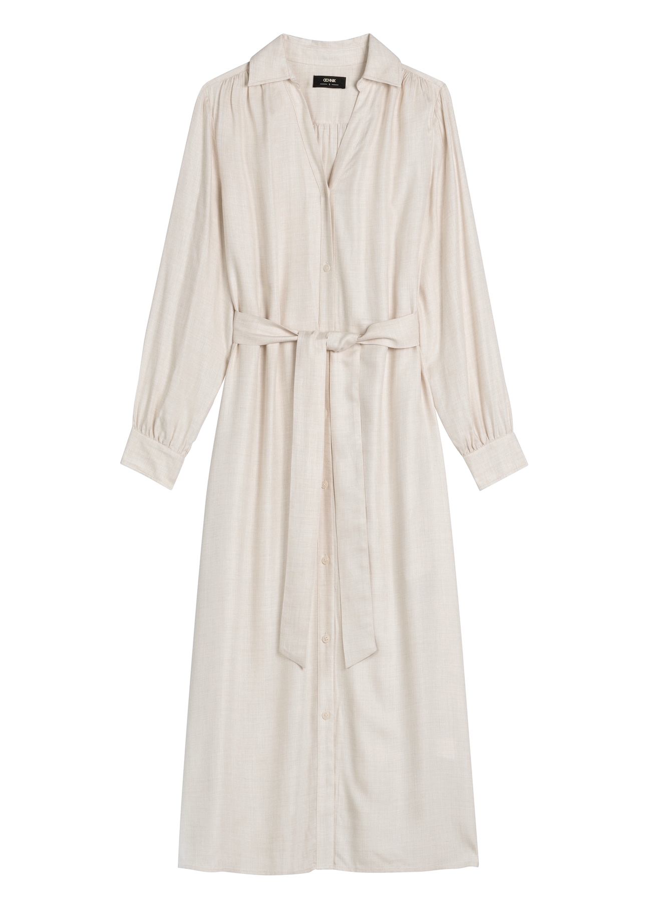 Svetlobéžové dámske midi šaty SUKDT-0269-1A(W26) - pohľad spredu na produkt, na bielom pozadí.