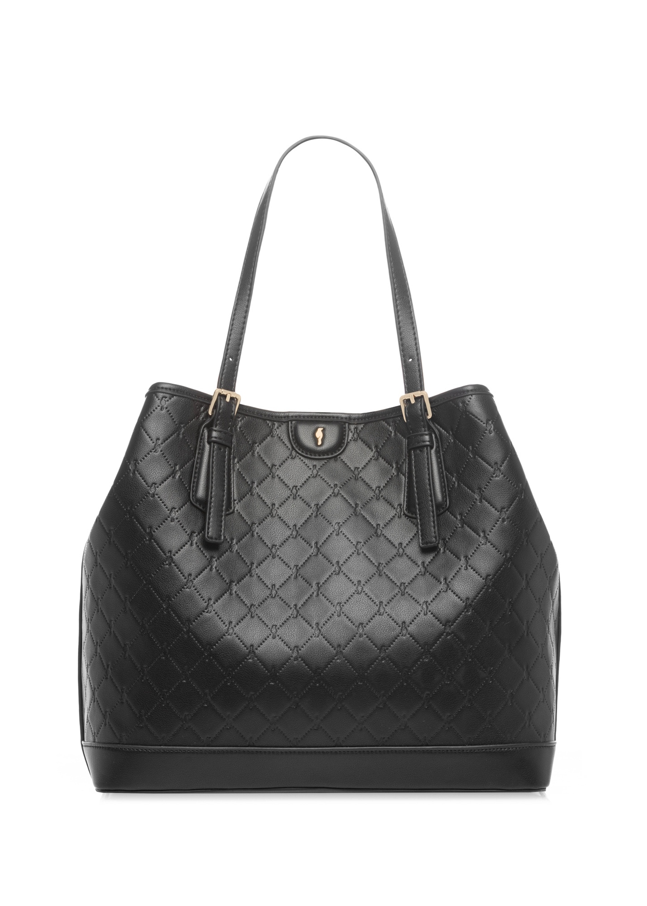 Čierna nákupná taška s monogramom TOREC-1181-9P(W26), pohľad spredu na bielom pozadí.