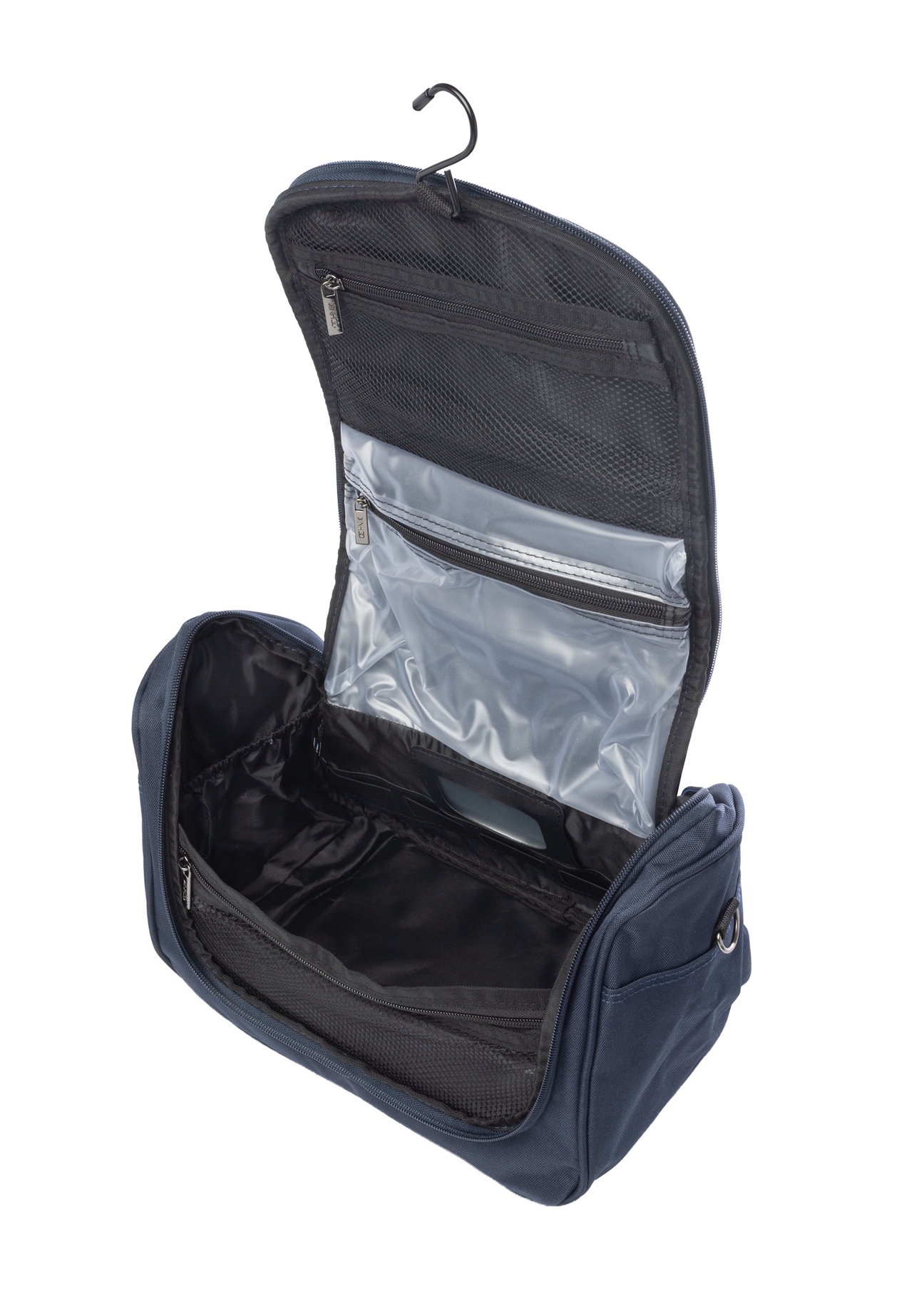 Veľká kozmetická taška v tmavomodrej farbe WALNY-0045-7D-14(W26), pohľad na produkt vo vnútri na bielom pozadí.