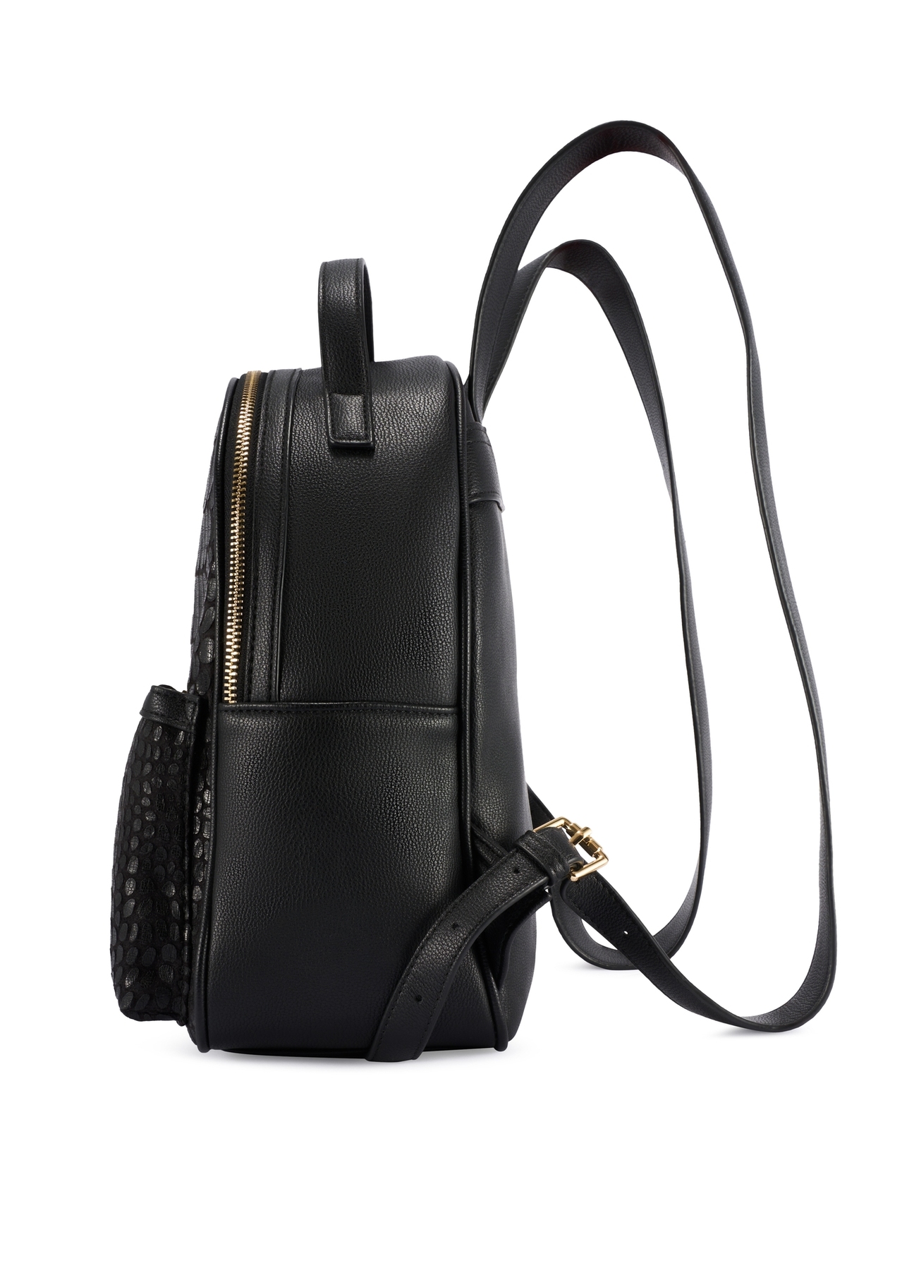 Čierny stredne veľký dámsky batoh s krokodílou farbou TOREC-0920-9G(W26), pohľad na produkt z boku na bielom pozadí.