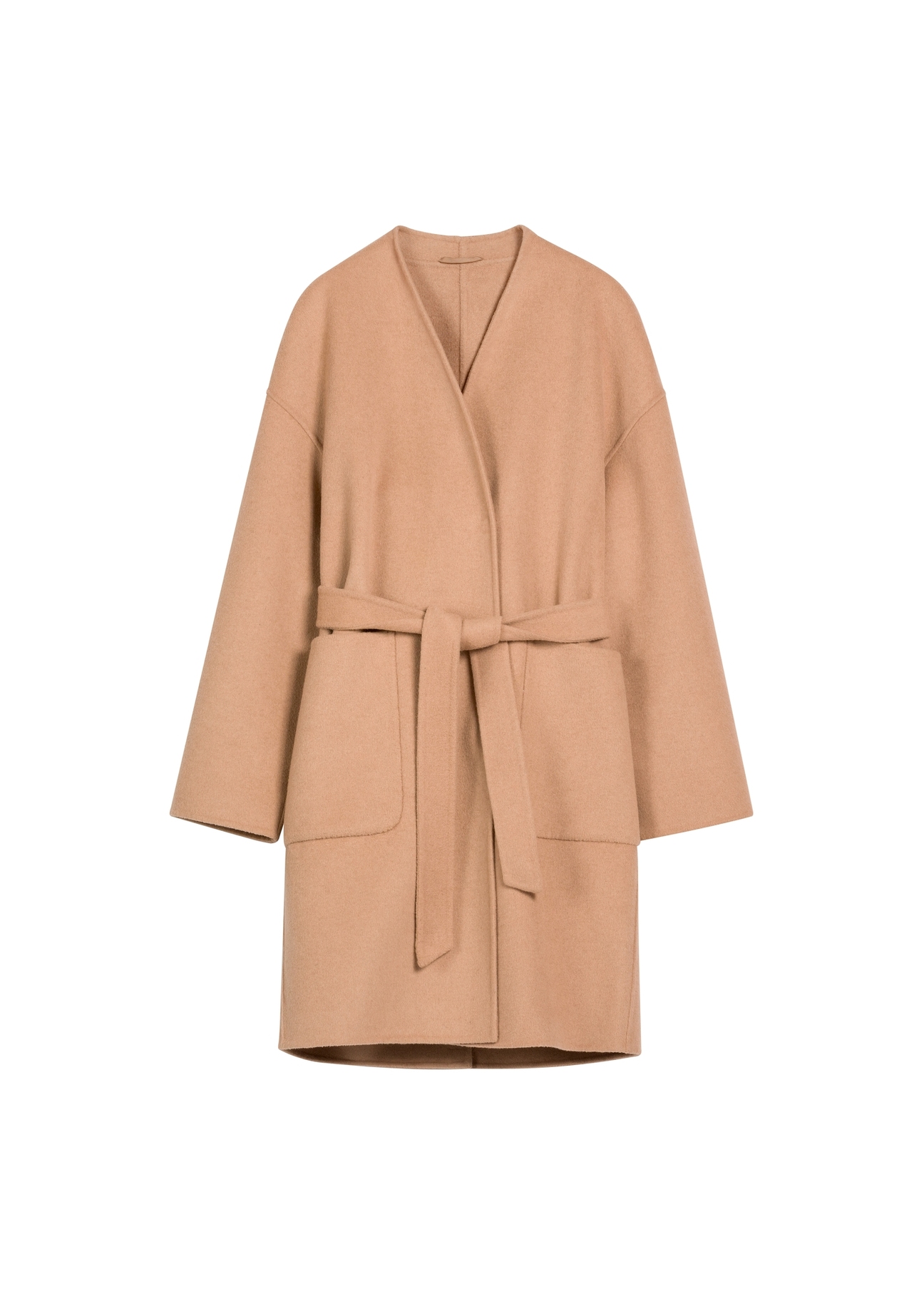 Dámsky vlnený kabát tmavo béžovej farby PLADT-0075-1C(W26), pohľad spredu na bielom pozadí.