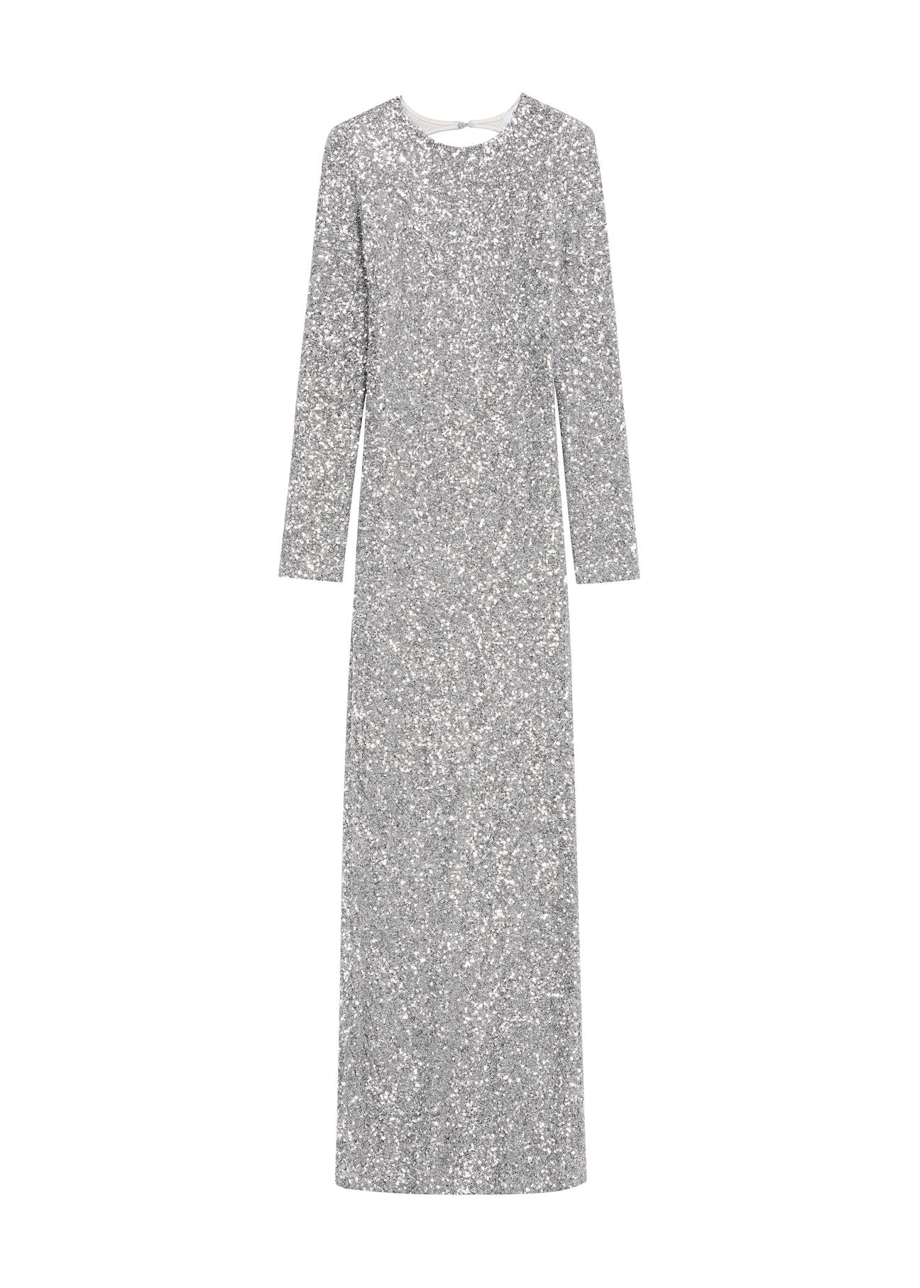 Dlhé strieborné dámske šaty s flitrami SUKDT-0249-92(Z25), pohľad na produkt spredu na bielom pozadí.