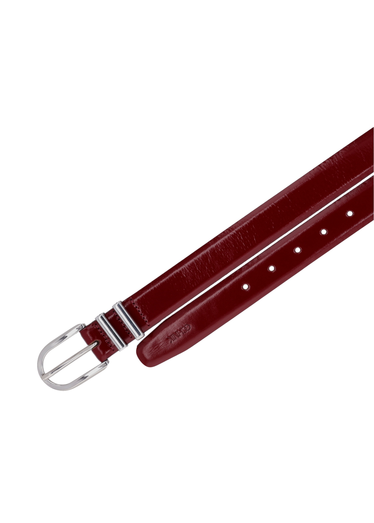 Červený kožený dámsky opasok PASDS-0159-4C(Z26), pohľad na pracku produktu na bielom pozadí.