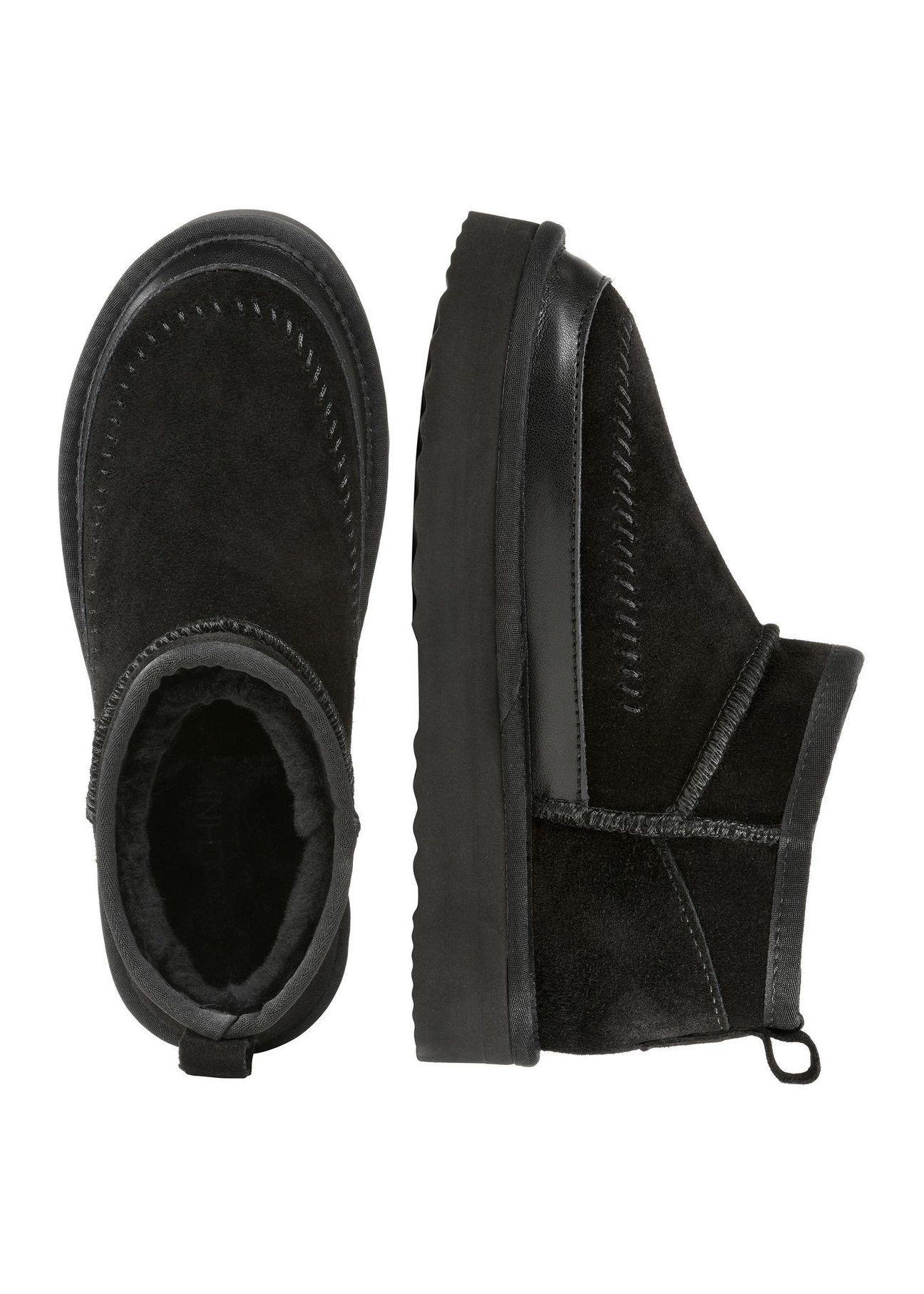 Čierne dámske snehule BUTYD-1220-9E(Z26), pohľad na produkt zhora na bielom pozadí.