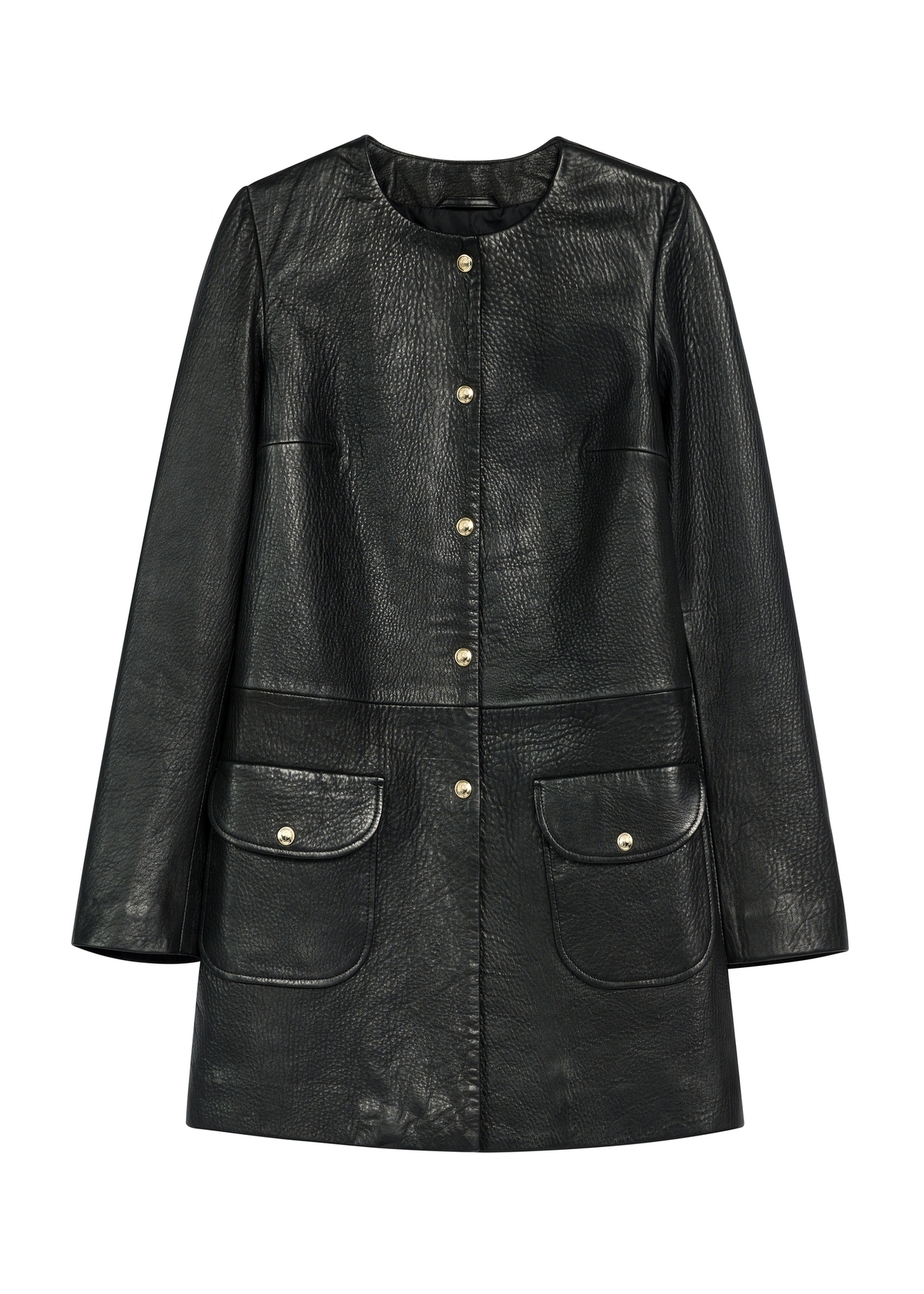 Čierna dámska kožená bunda KURDS-0583-99(W26), pohľad spredu na bielom pozadí.