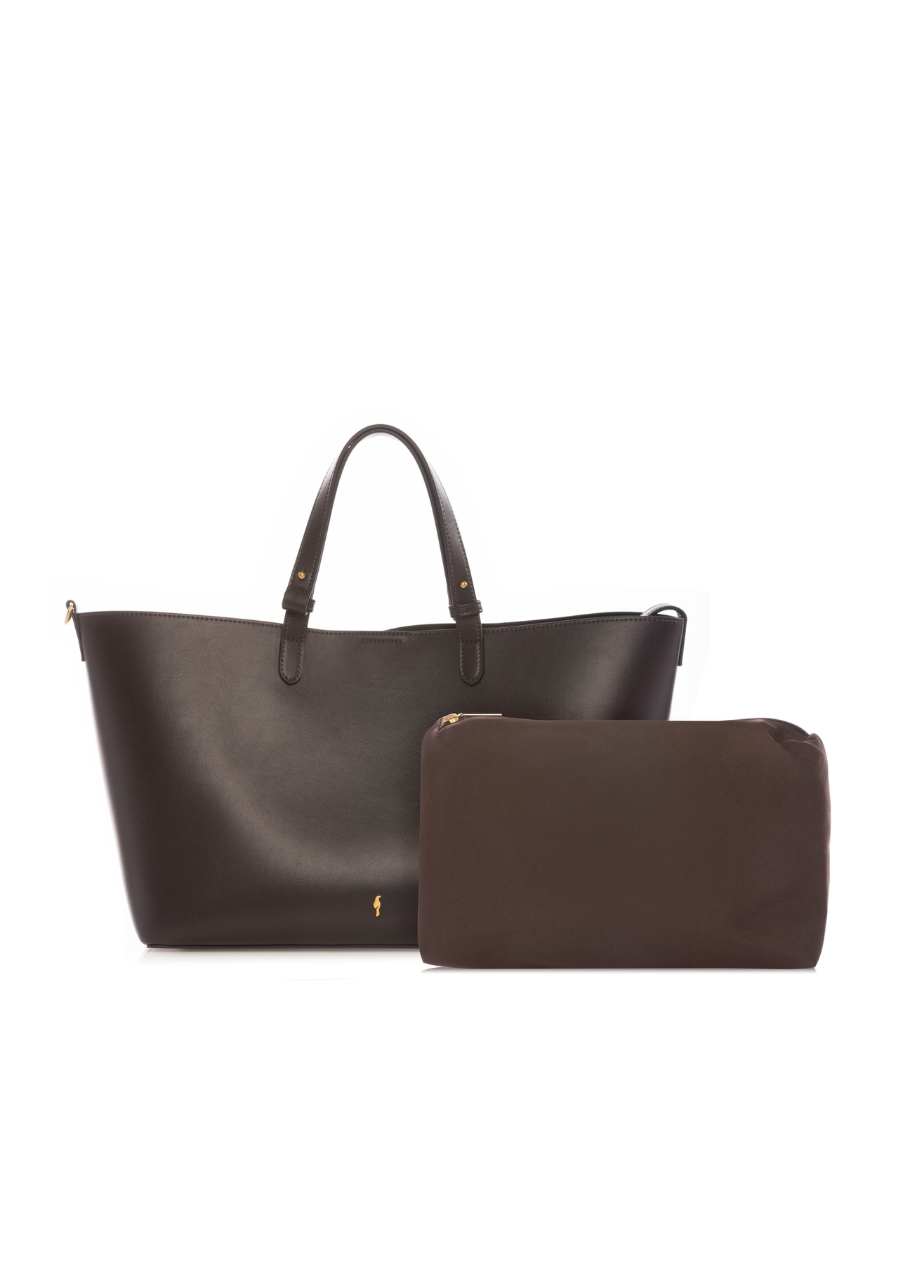 Hnedá dámska nákupná taška TOREC-1240-1H(W26), pohľad na produkt s kozmetickou taštičkou na bielom pozadí.