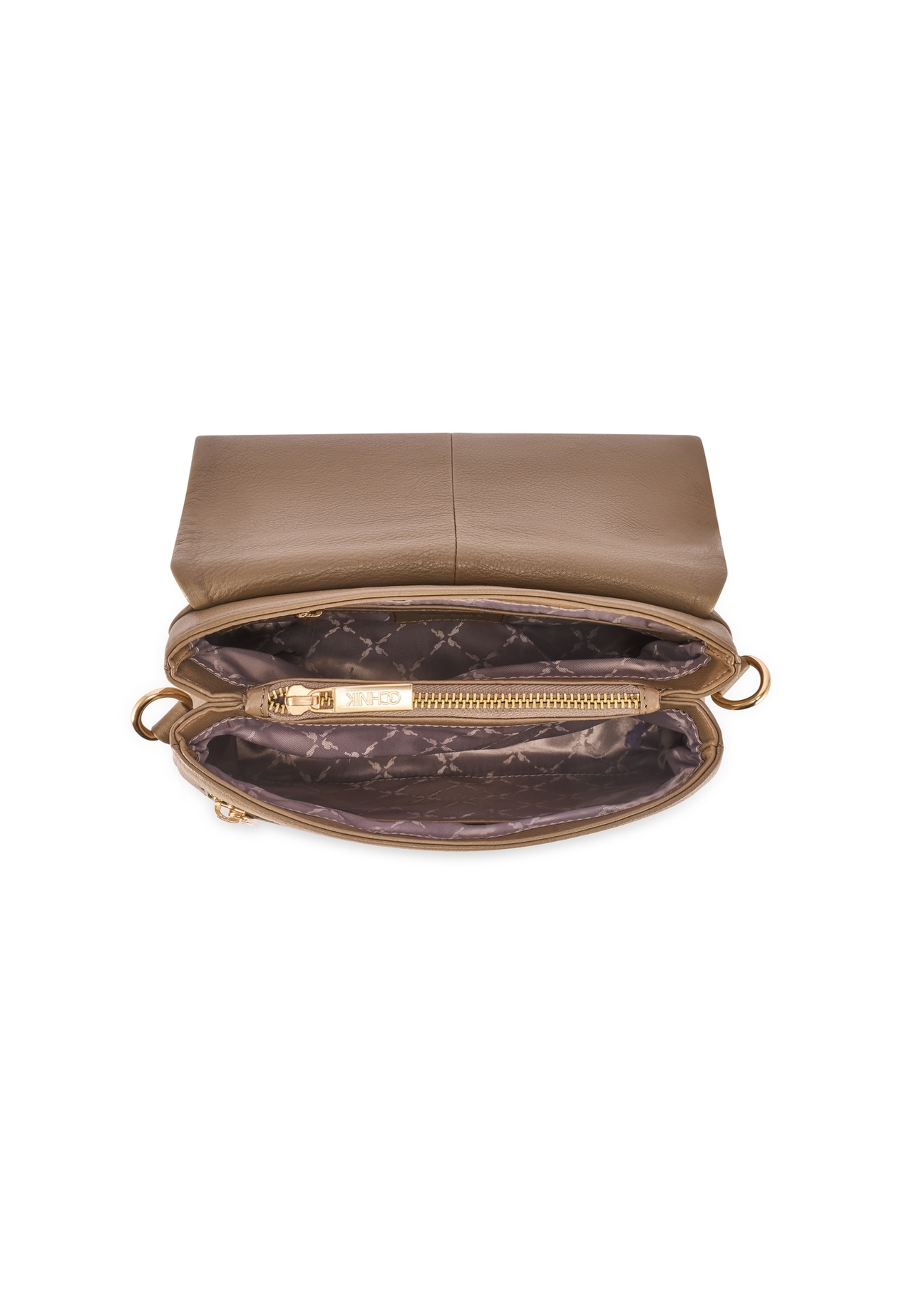 Dámska kožená kabelka tmavo béžovej farby TORES-0911F-1K(W26) - pohľad na produkt zhora, na bielom pozadí.