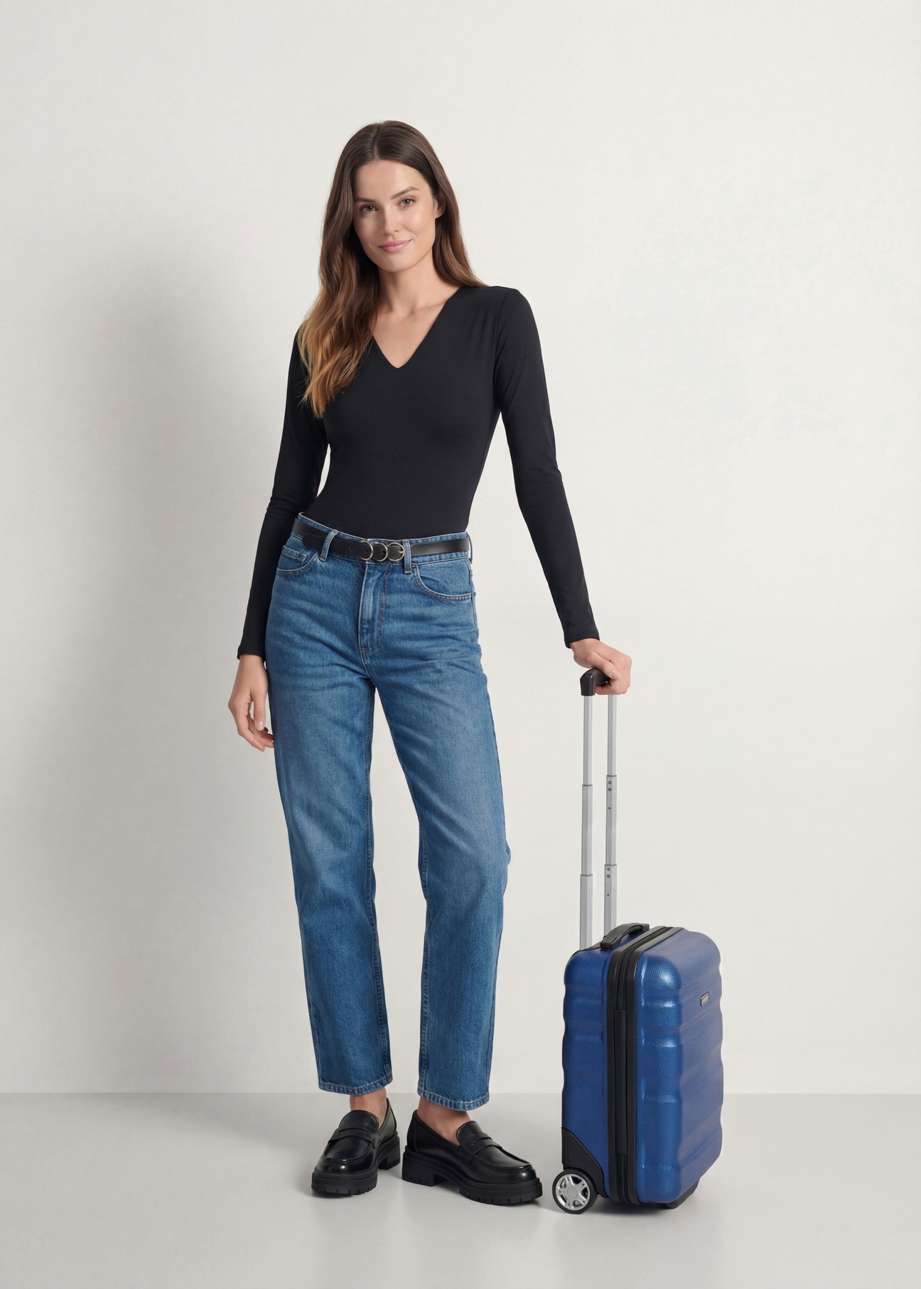 Príručný kufor na kolieskach WALPC-0012-7C-16(W26), bočný pohľad na produkt vedľa siluety modelu.