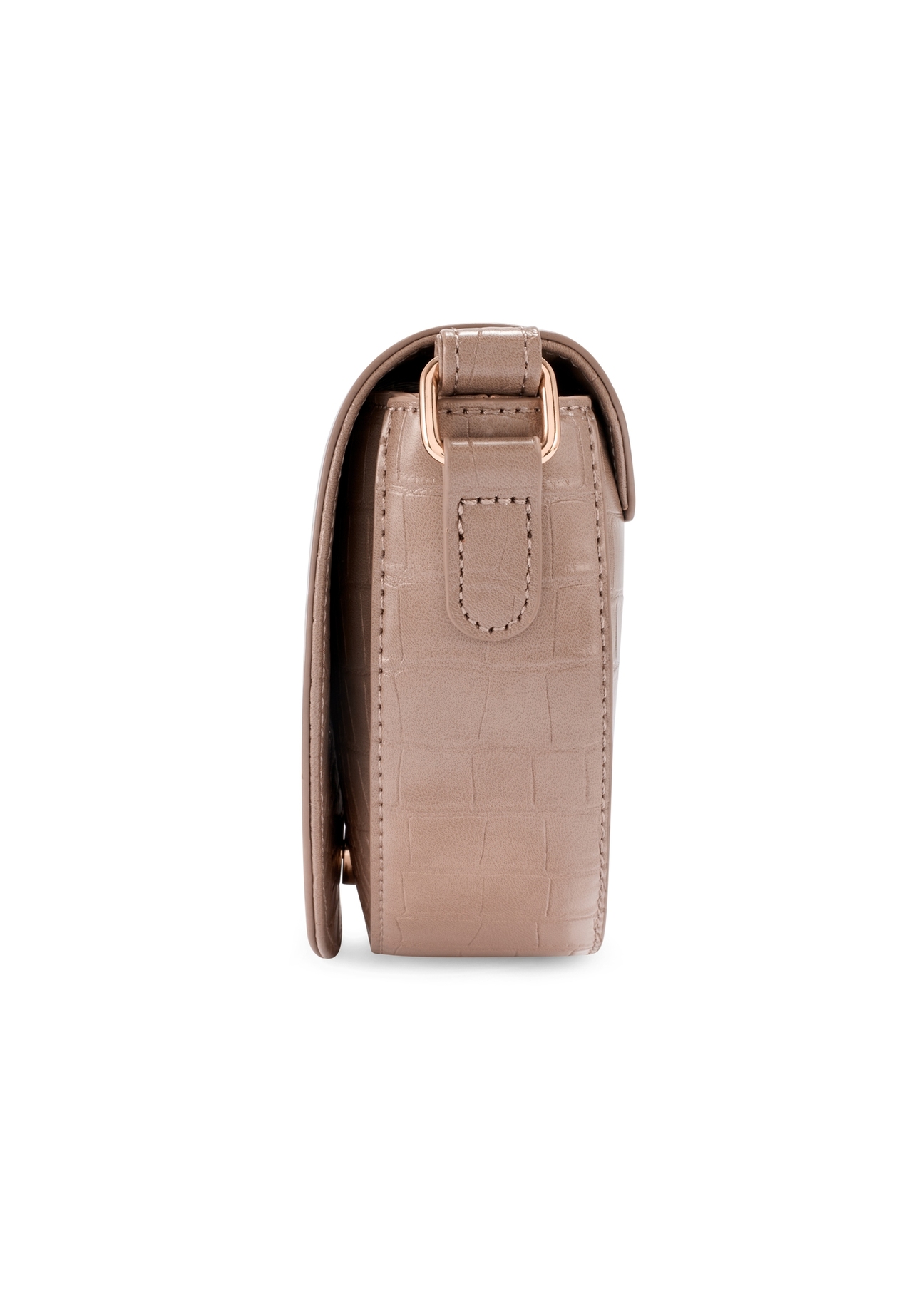 Béžová polkruhová dámska taška cez rameno TOREC-1184-1D(W26), pohľad na produkt zboku na bielom pozadí.