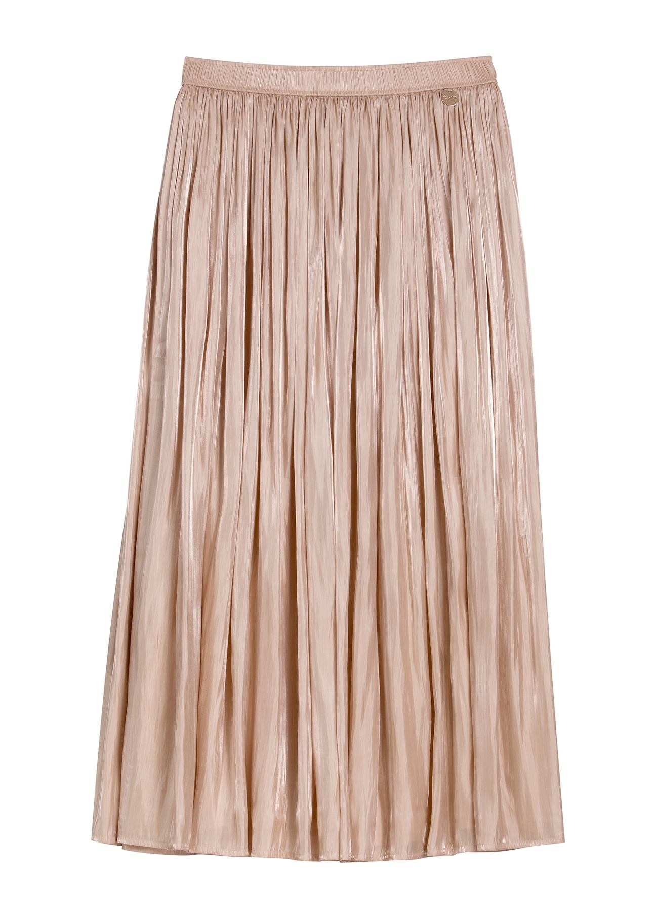 Dámska lesklá midi sukňa SPCDT-0130-1B(W26), pohľad spredu na bielom pozadí.