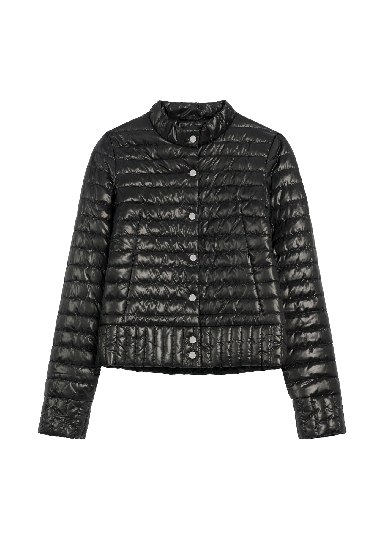 Dámska čierna prešívaná bunda so stojačikom KURDT-0441-99(Z25), pohľad spredu na bielom pozadí.