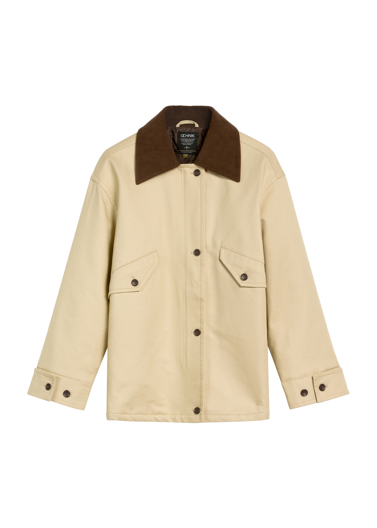 Beige Damen Oversize Jacke KURDT-0615-81(Z25), Produktansicht von vorne auf weißem Hintergrund.