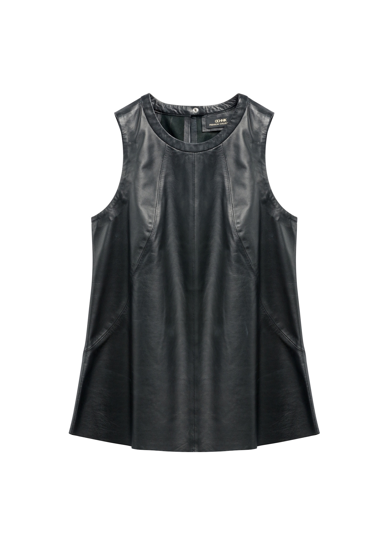 Dámska čierna kožená blúzka KOSDS-0008-99(W26) - pohľad spredu na produkt, na bielom pozadí.