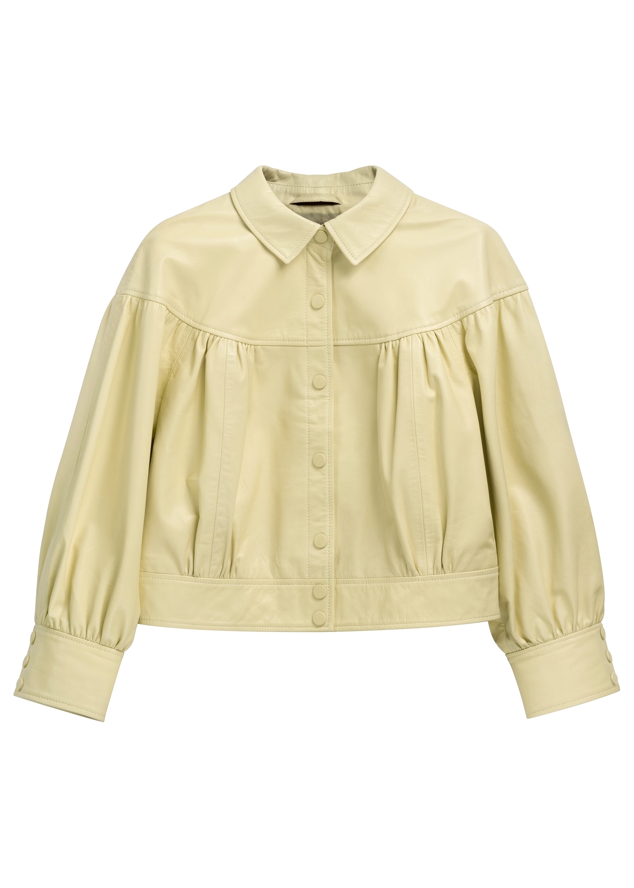 Svetložltá dámska kožená bunda KURDS-0574-2A(W26) - pohľad spredu na produkt, na bielom pozadí.