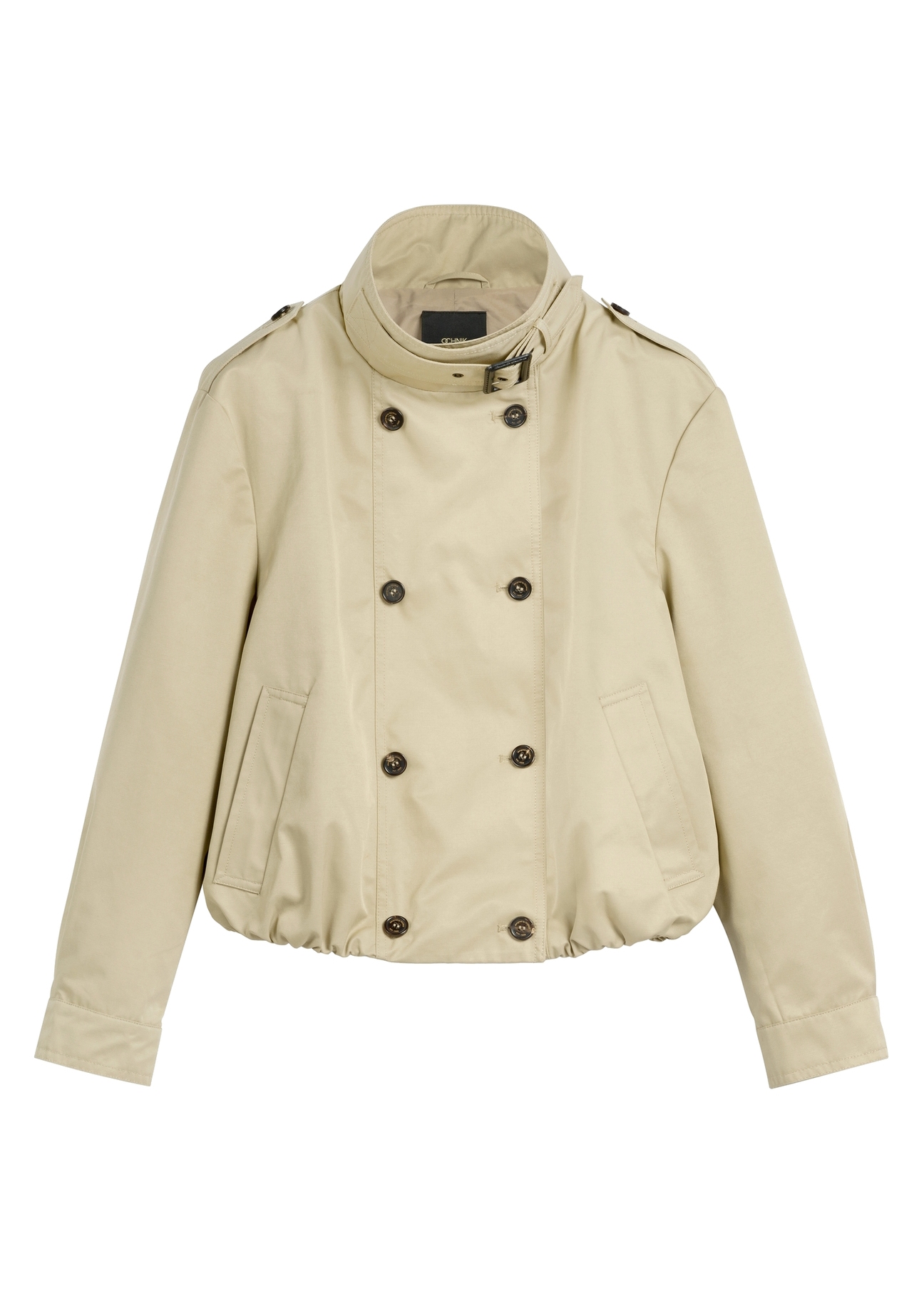 Dámska béžová krátka bunda KURDT-0657-1B(W26) - pohľad spredu na produkt, na bielom pozadí.