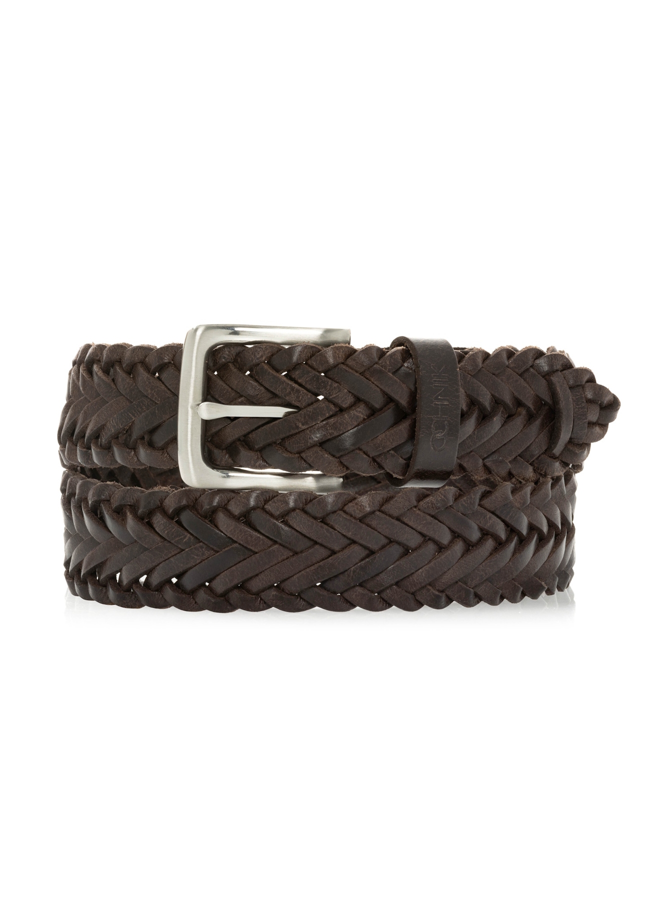 Tmavohnedý pletený pánsky opasok PASMS-0282-1I(W26), pohľad spredu na bielom pozadí.