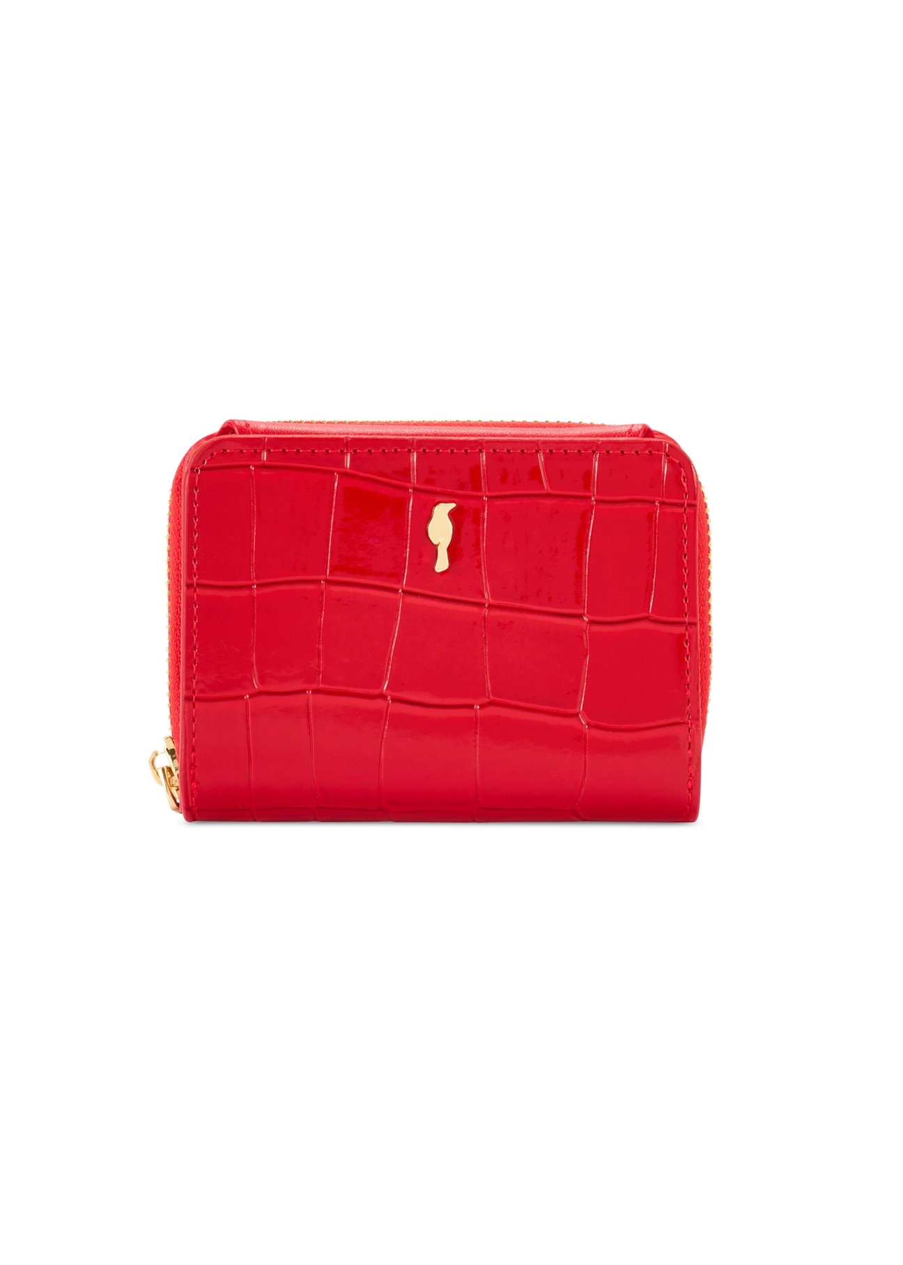 Malá červená dámska peňaženka z krokodílej kože POREC-0352A-42(Z25), pohľad na produkt spredu na bielom pozadí.