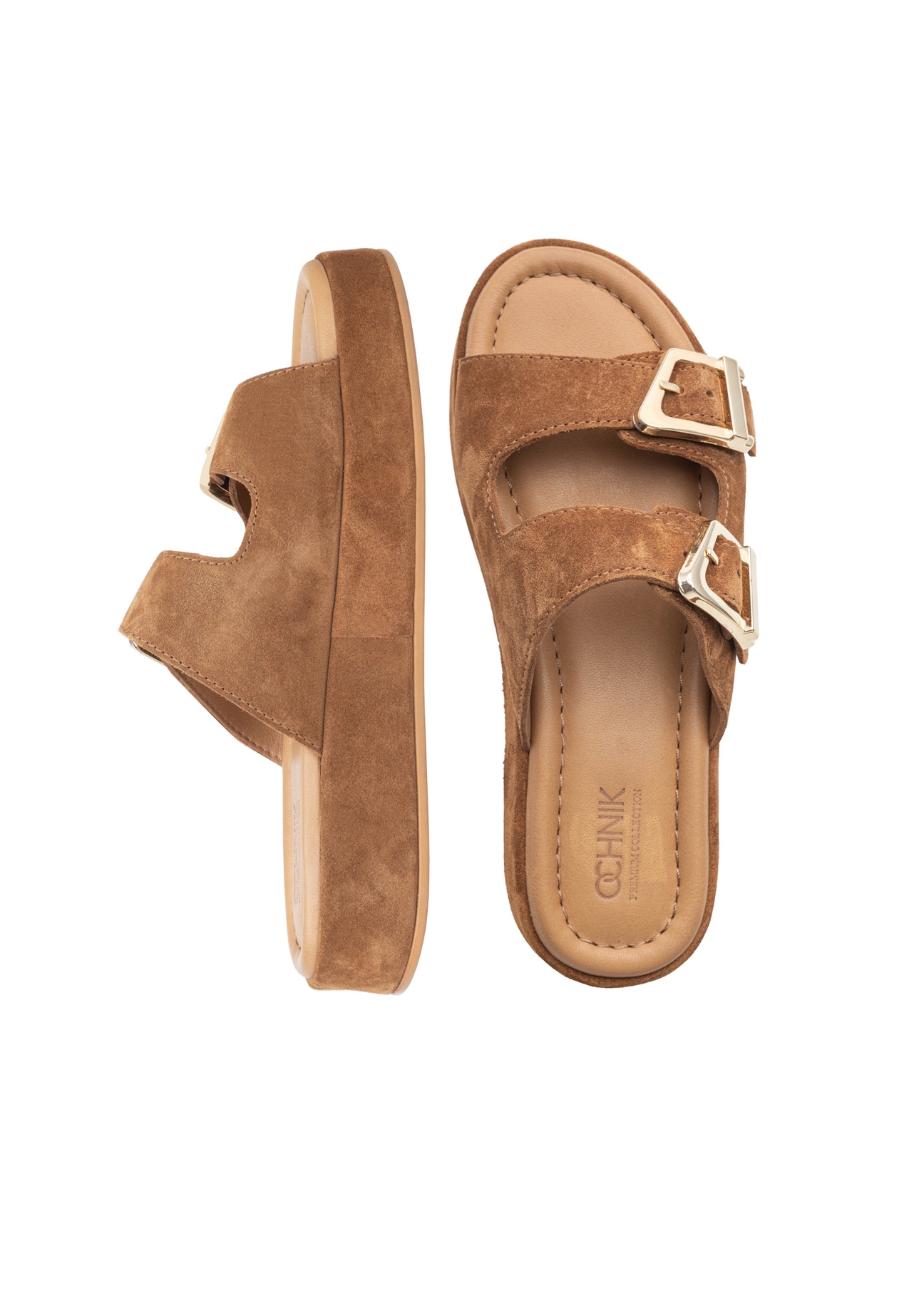 Dámske semišové platformové šľapky BUTYD-1241-1D(W26), pohľad zhora na produkt na bielom pozadí.