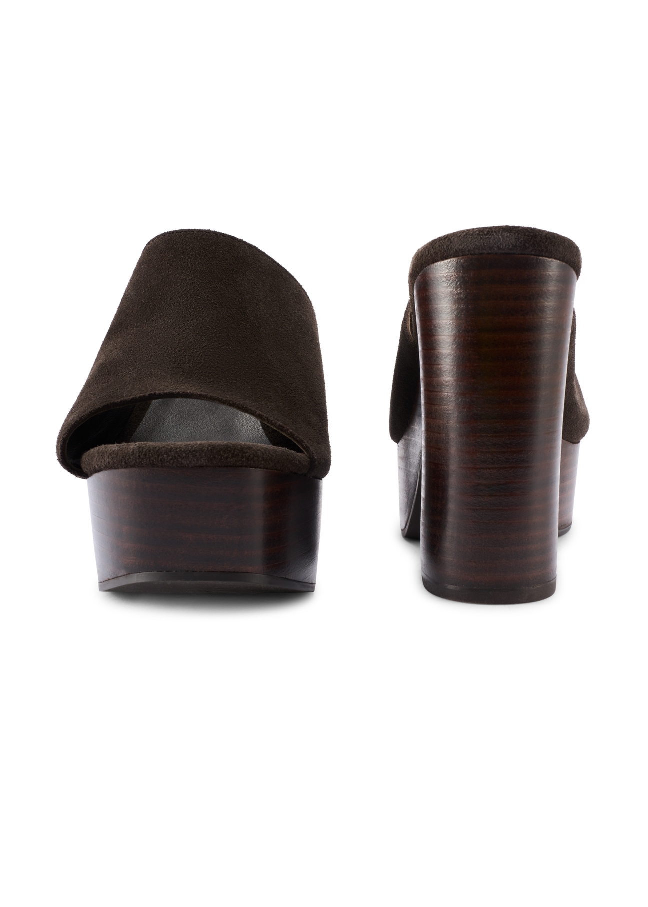 Dámske tmavohnedé kožené šľapky na blokovom podpätku BUTYD-1275-1I(W26), pohľad spredu a zozadu na výrobok na bielom pozadí.