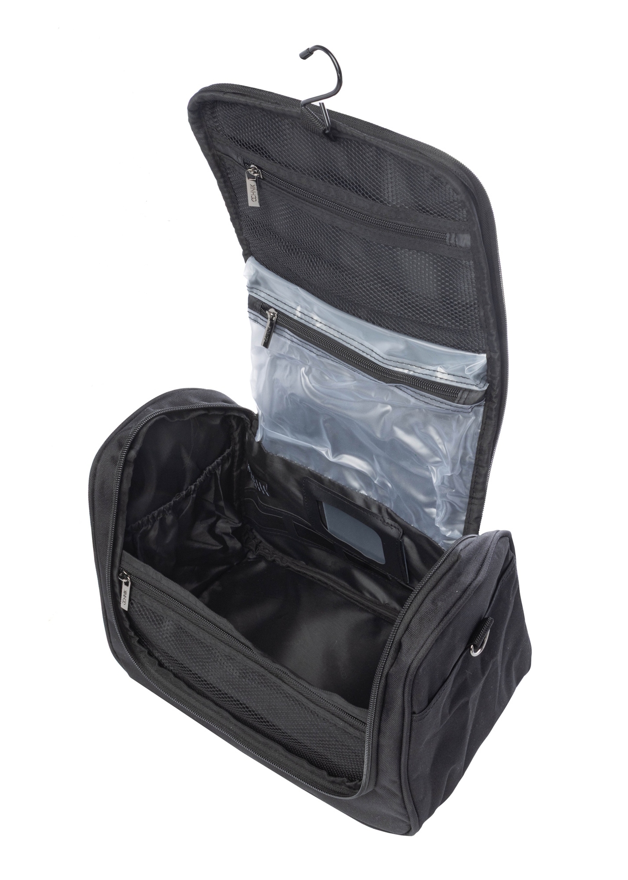 Čierna veľká kozmetická taška WALNY-0045-99-14(W26), pohľad na produkt vo vnútri na bielom pozadí.