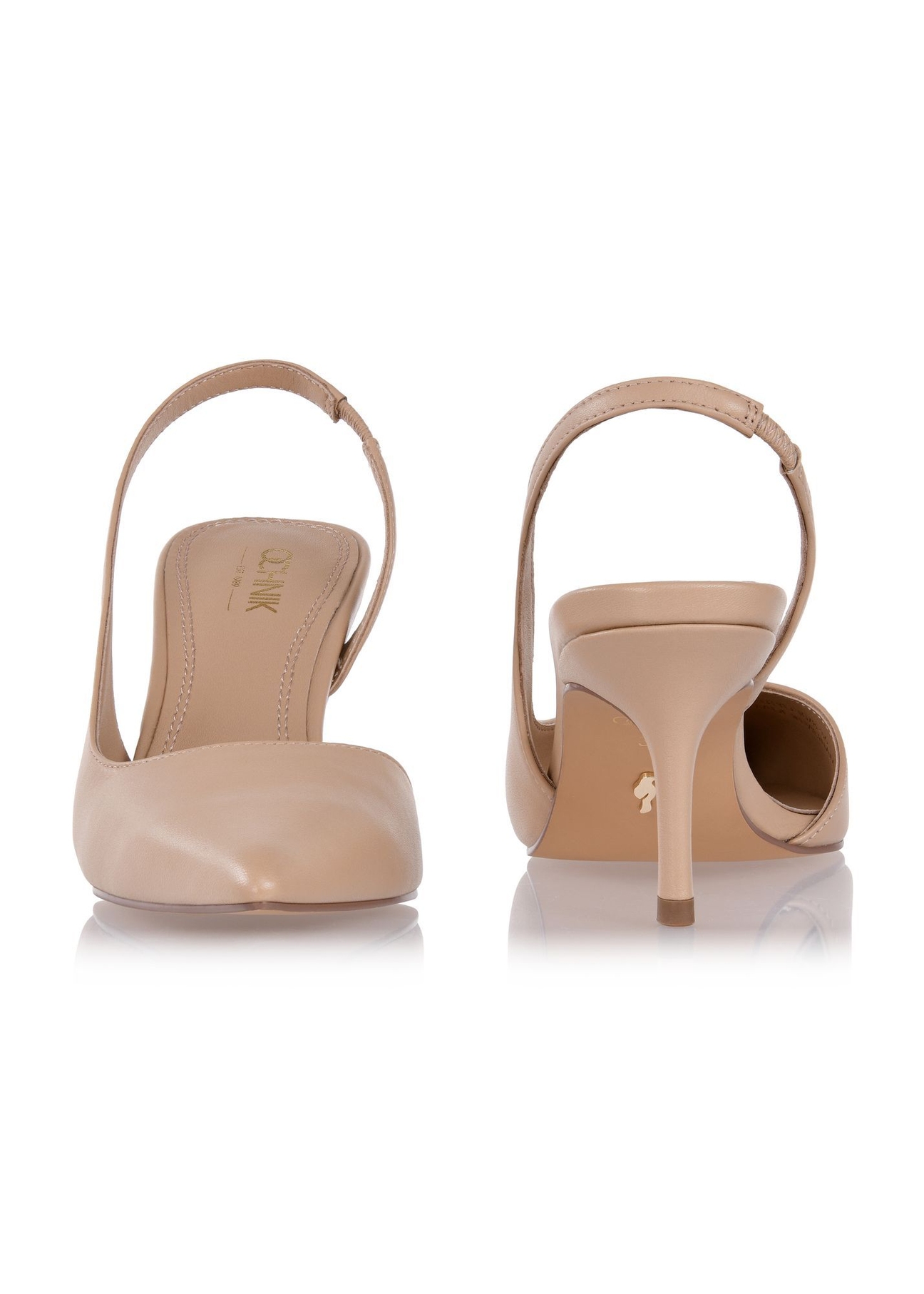 Béžové kožené lodičky s vykrojeným podpätkom BUTYD-1078A-1B(W26), pohľad na produkt spredu a zozadu na bielom pozadí.