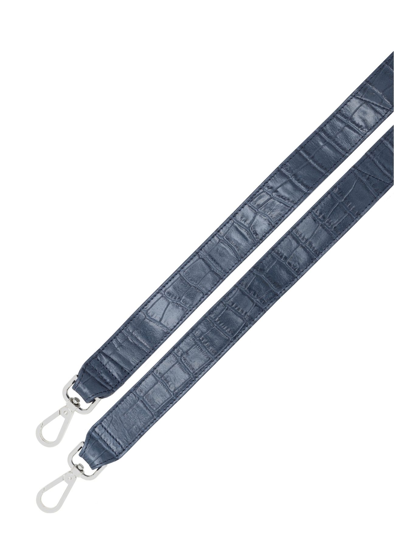 Malá tmavomodrá kožená kabelka s krokodílím vzorom TORES-1231-7D(W26), pohľad na popruh produktu na bielom pozadí.