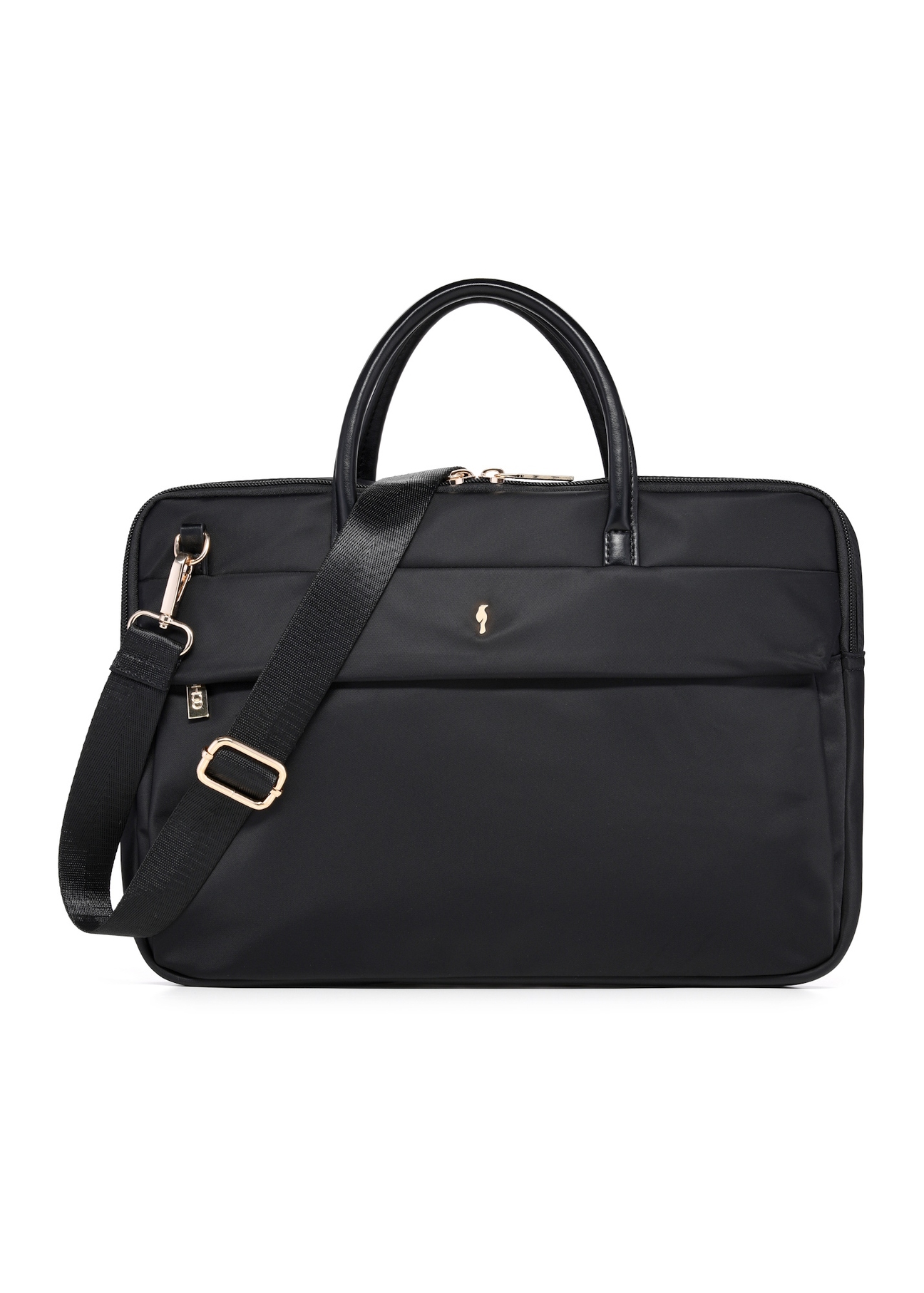 Čierna dámska taška na notebook TOREN-0344-99(W26), pohľad spredu na bielom pozadí.