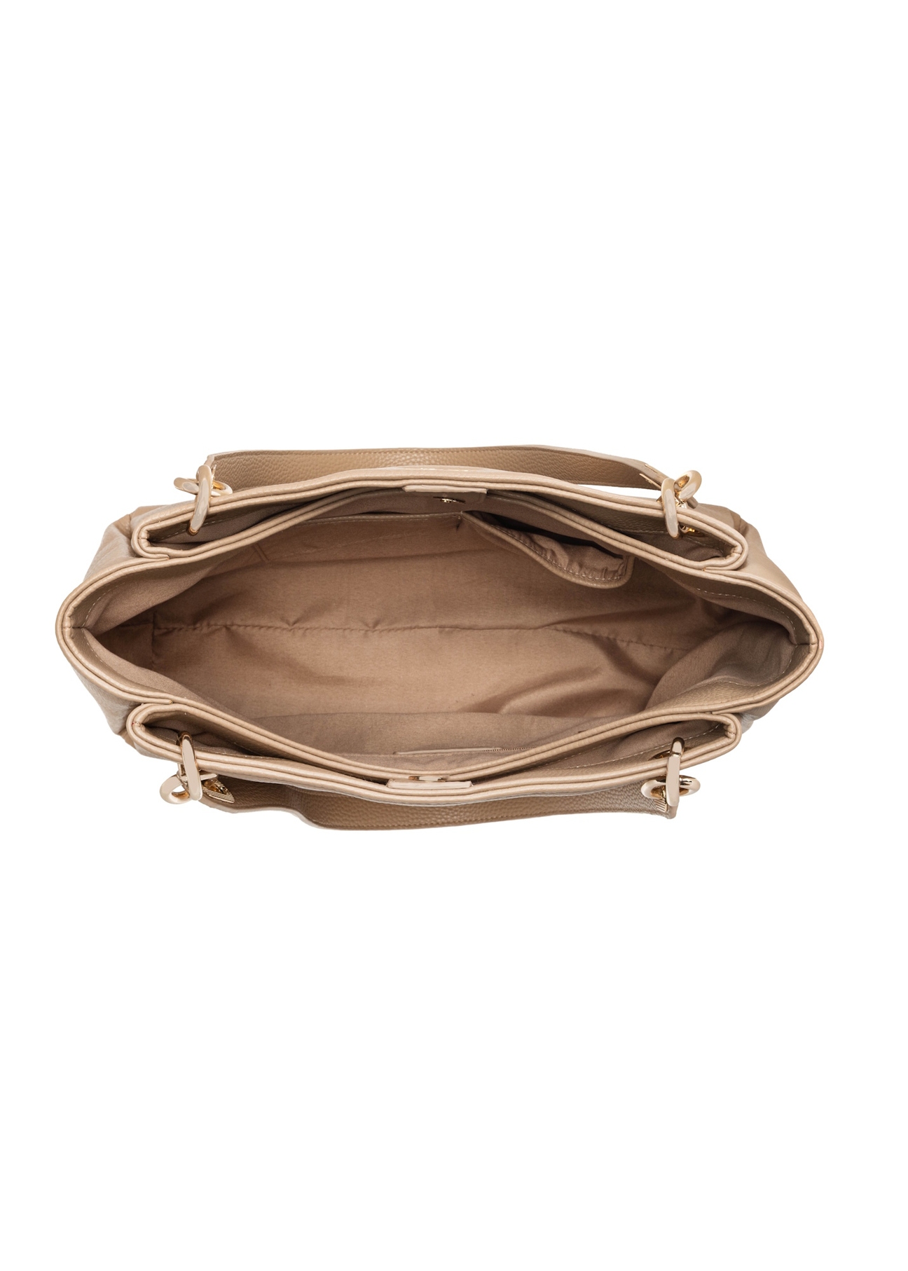 Dámska béžová kabelka z imitácie kože TOREC-0998-1D(W26), pohľad na produkt vo vnútri na bielom pozadí.