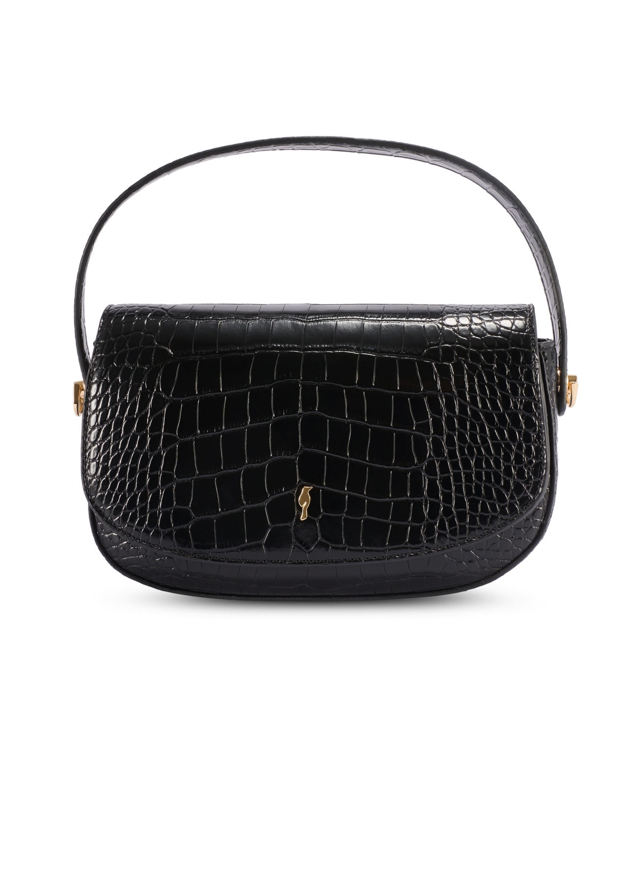 Malá čierna dámska kabelka cez rameno z krokodílej kože TOREC-1185-9G(W26), pohľad spredu na bielom pozadí.