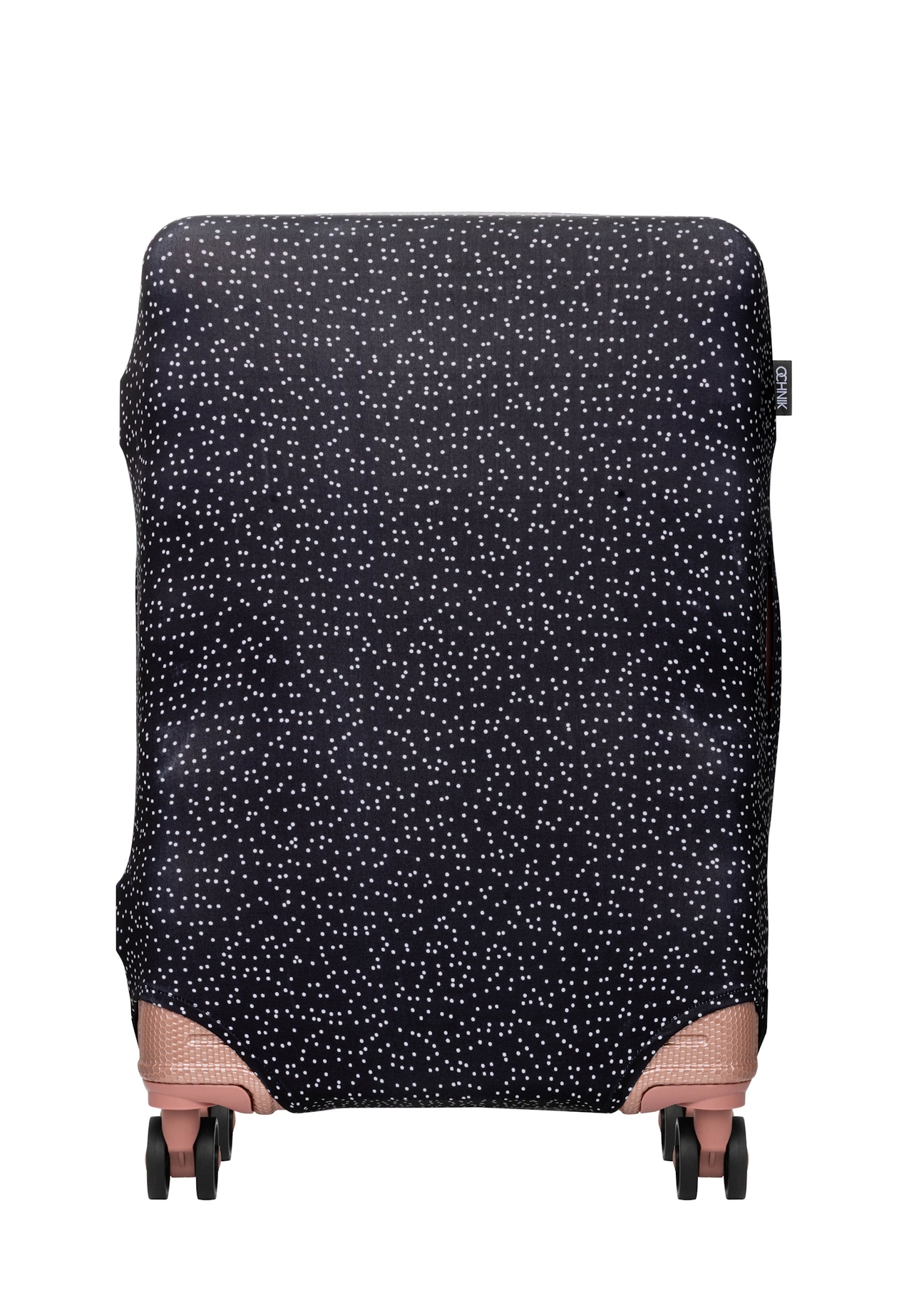 Stredne veľký obal na kufor s bodkami AW-013-0007-9P-M(W26), pohľad na produkt spredu na kufri.