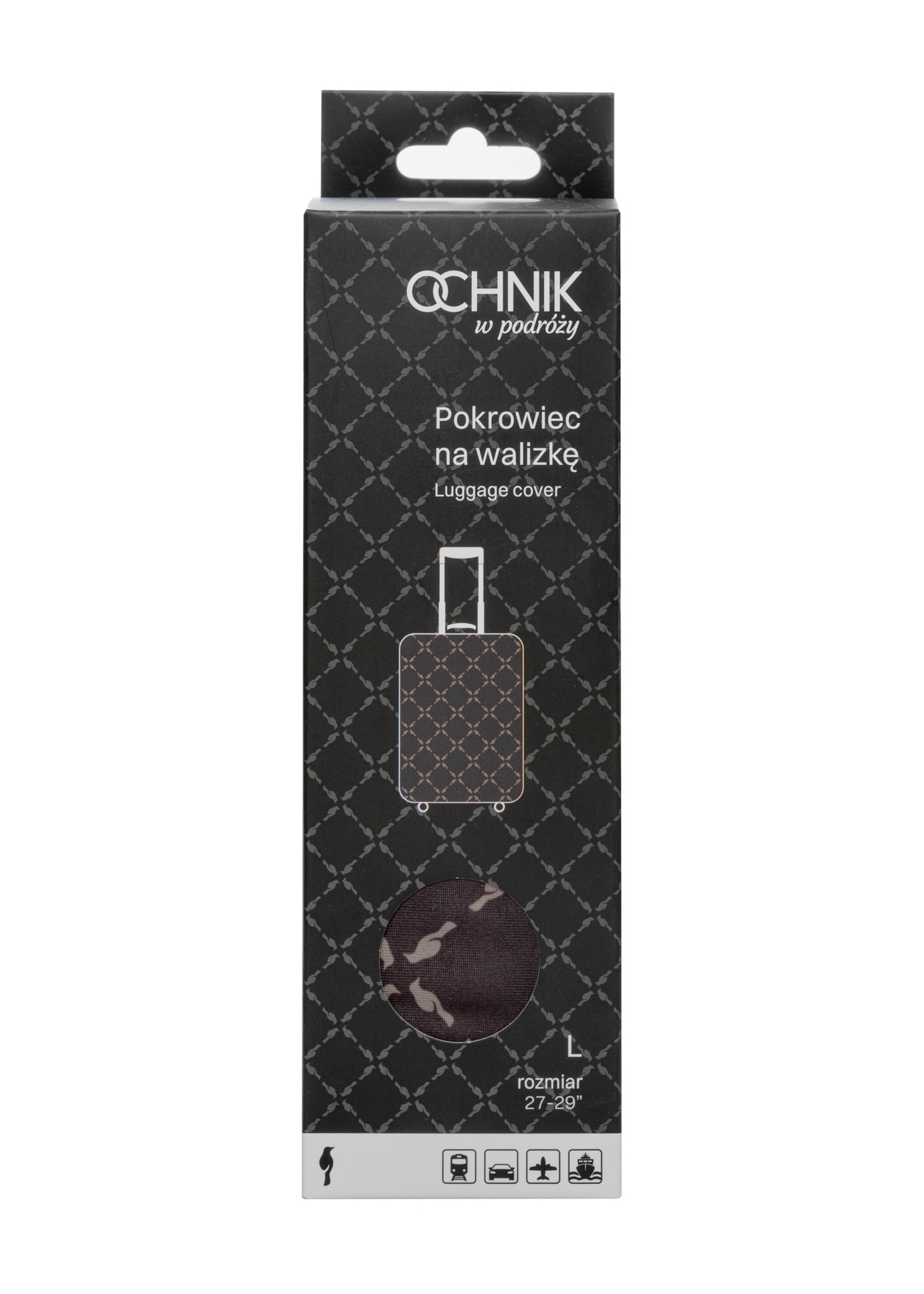 Hnedý obal na veľký kufor AW-013-0006-1P-L(W26), pohľad spredu na výrobok v balení.