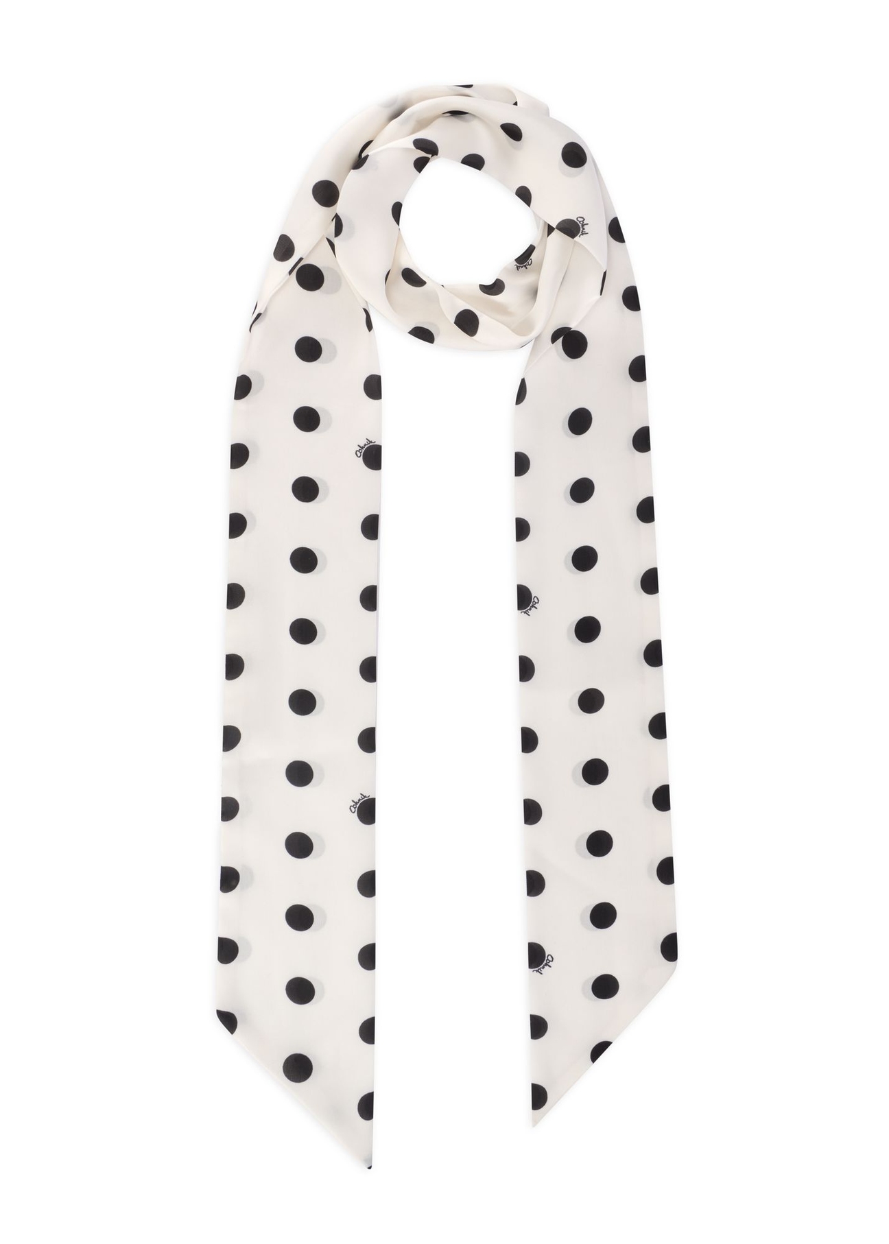 Dámska krémová šatka s bodkami SZADT-0187-0P(W26) - pohľad spredu na produkt, na bielom pozadí.