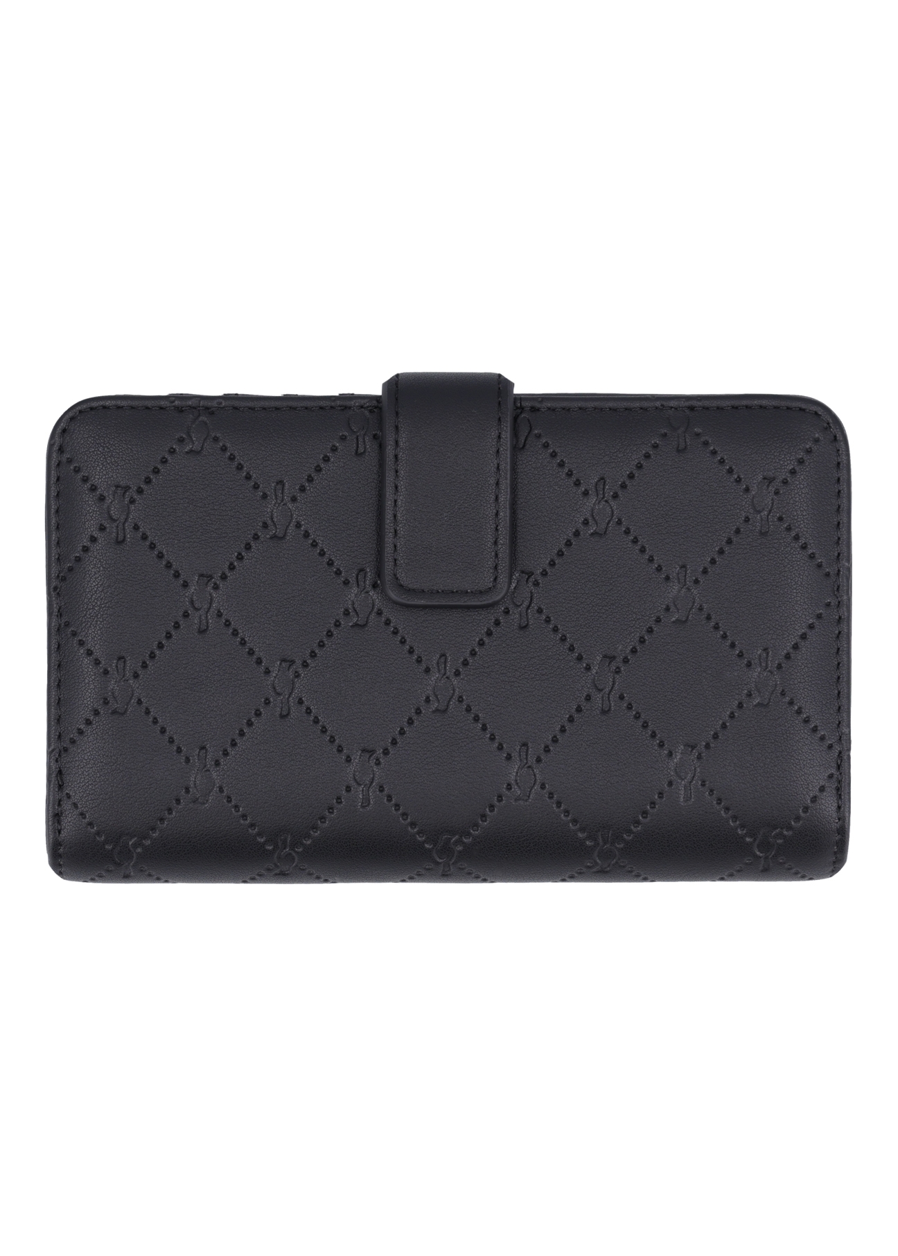 Čierna dámska peňaženka s monogramom POREC-0391A-9P(Z26), pohľad zozadu na produkt na bielom pozadí.