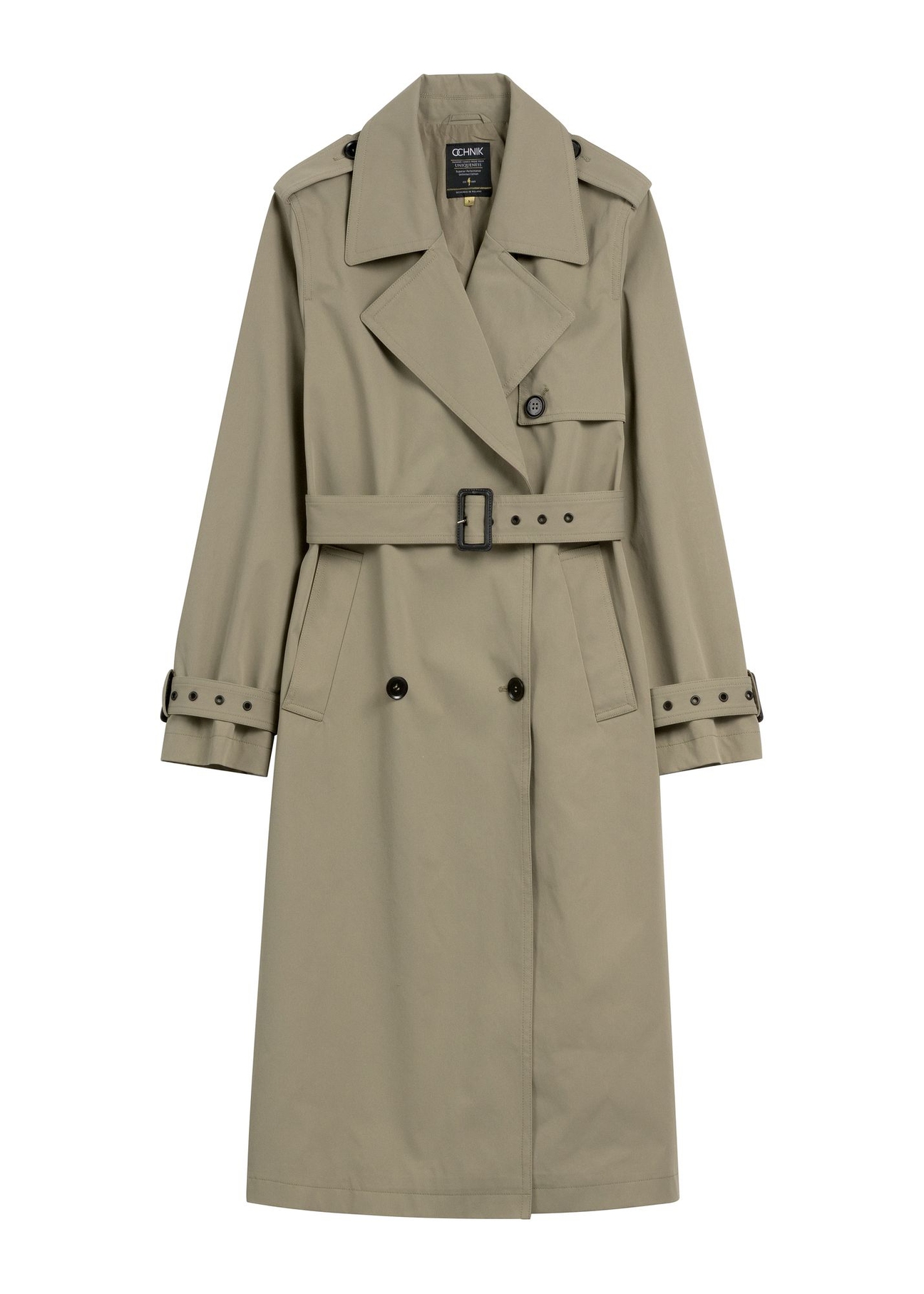 Dámsky kabát dlhej šalviovej farby KURDT-0512-8F(W26) - pohľad spredu na produkt, na bielom pozadí.