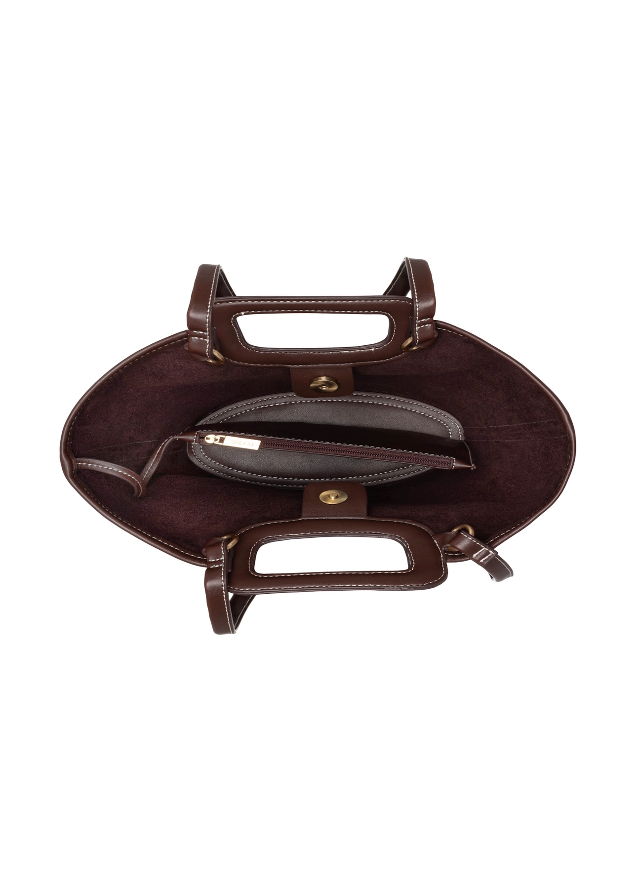 Tmavohnedá dámska kabelka s prešívaním TOREC-1213-1H(W26), pohľad na produkt vo vnútri na bielom pozadí.