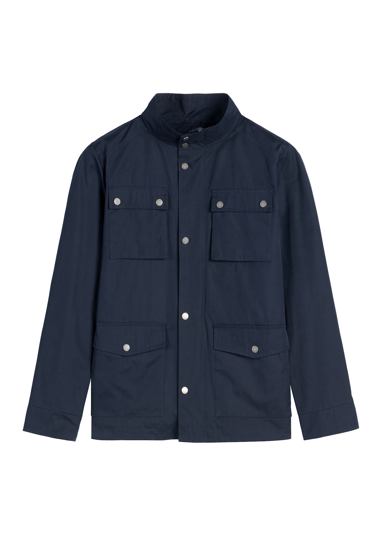 Pánska tmavomodrá prechodná bunda KURMT-0376-7D(W26), pohľad spredu na bielom pozadí.