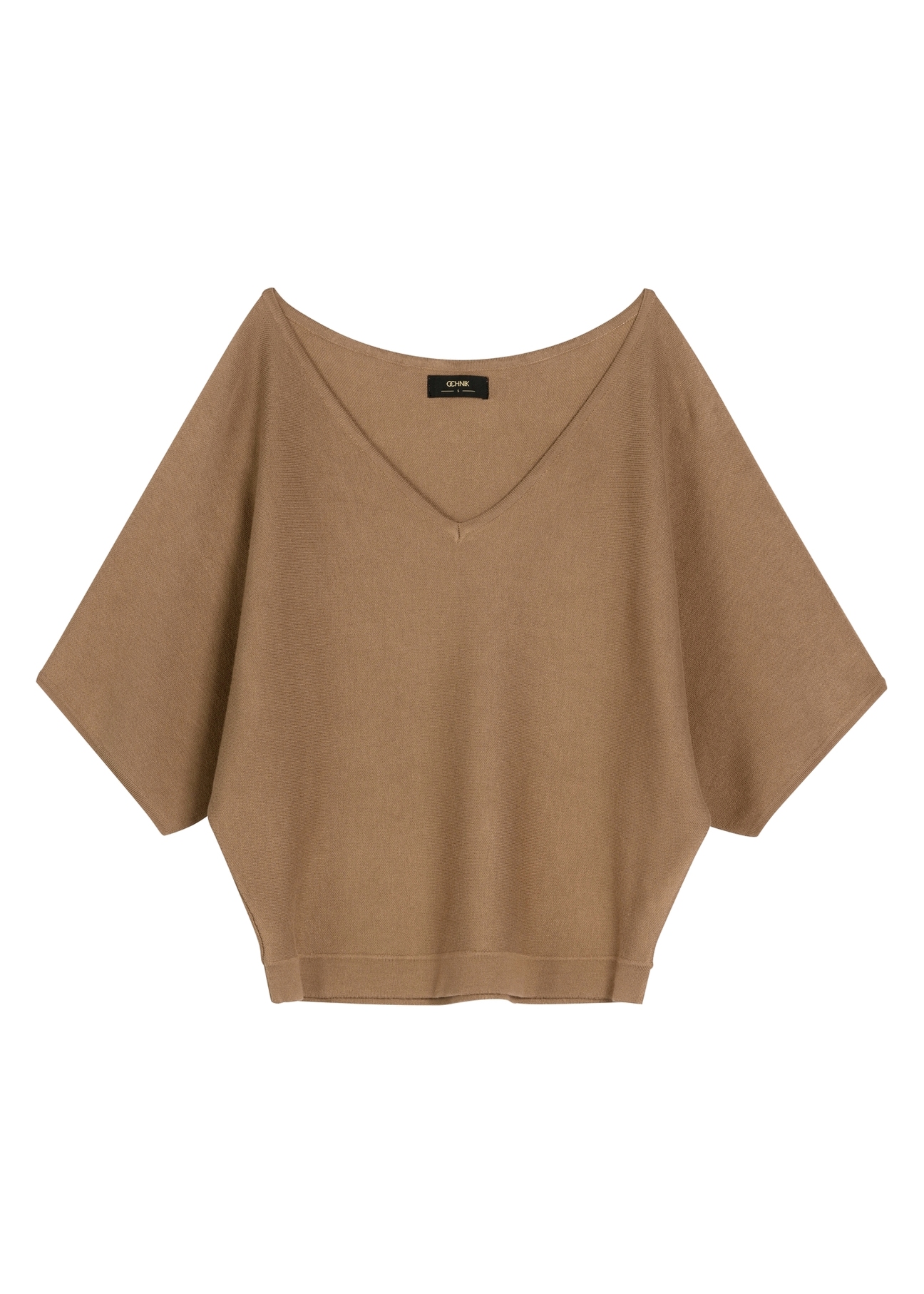 Dámska blúzka ťavej farby BLUDT-0201-1D(W26), pohľad na produkt spredu na bielom pozadí.