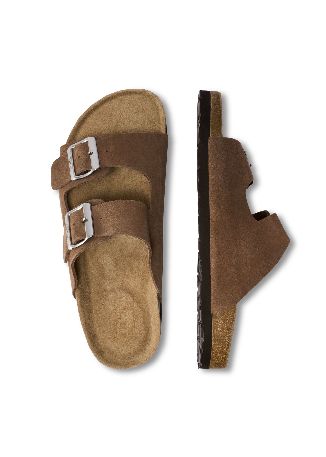 Pánske kožené žabky v ťavej farbe BUTYM-0495-1D(W26) - pohľad na produkt zhora, na bielom podklade.