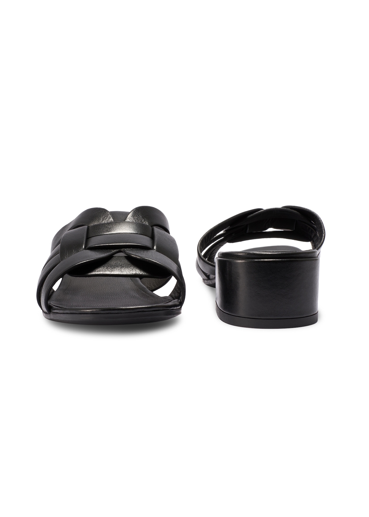 Dámske kožené šľapky na blokovom podpätku BUTYD-1265-99(W26), pohľad spredu a zozadu na výrobok na bielom pozadí.