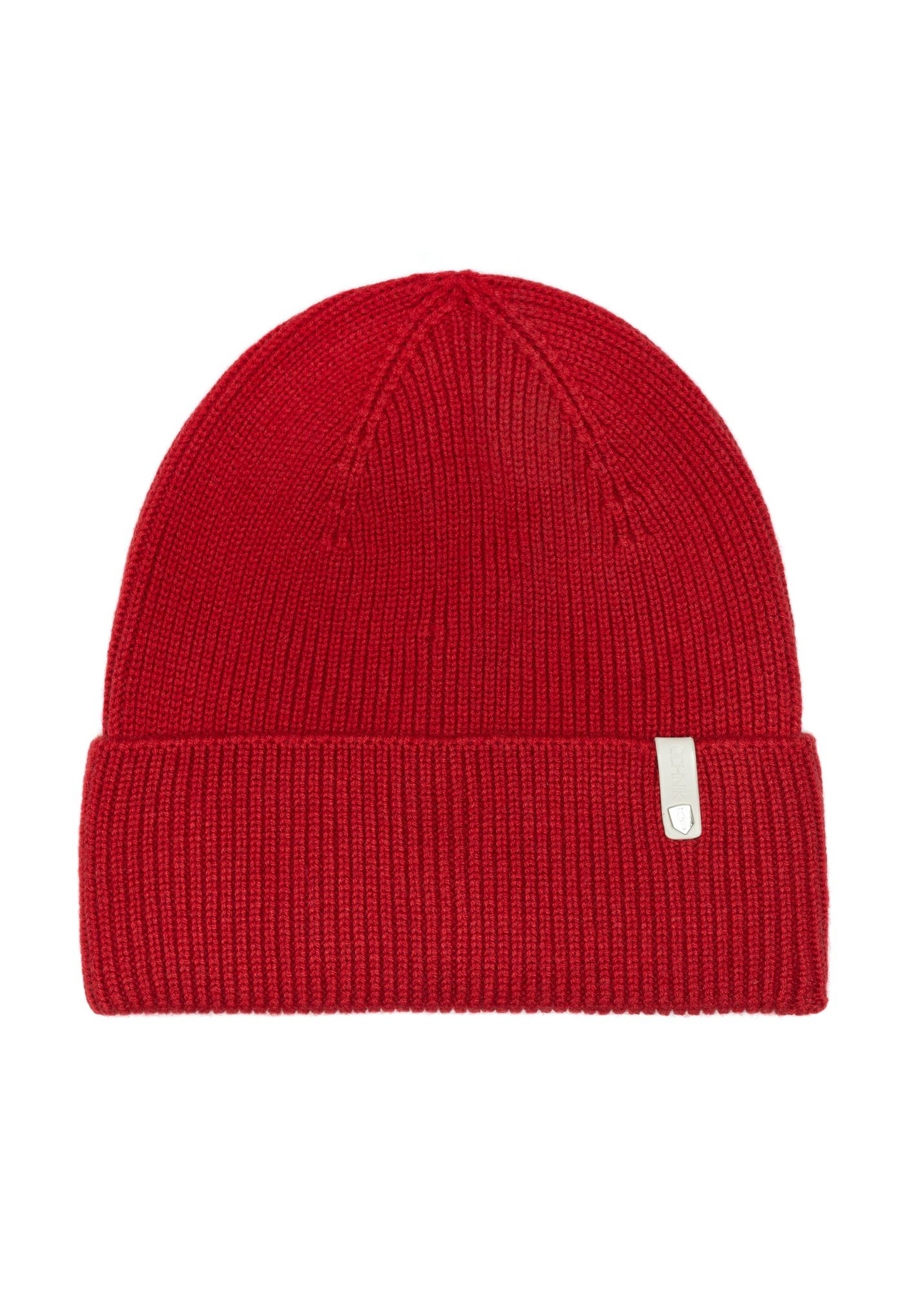 Červená dámska čiapka s merino vlnou CZADT-0178A-4B(Z26), pohľad na produkt spredu na bielom pozadí.