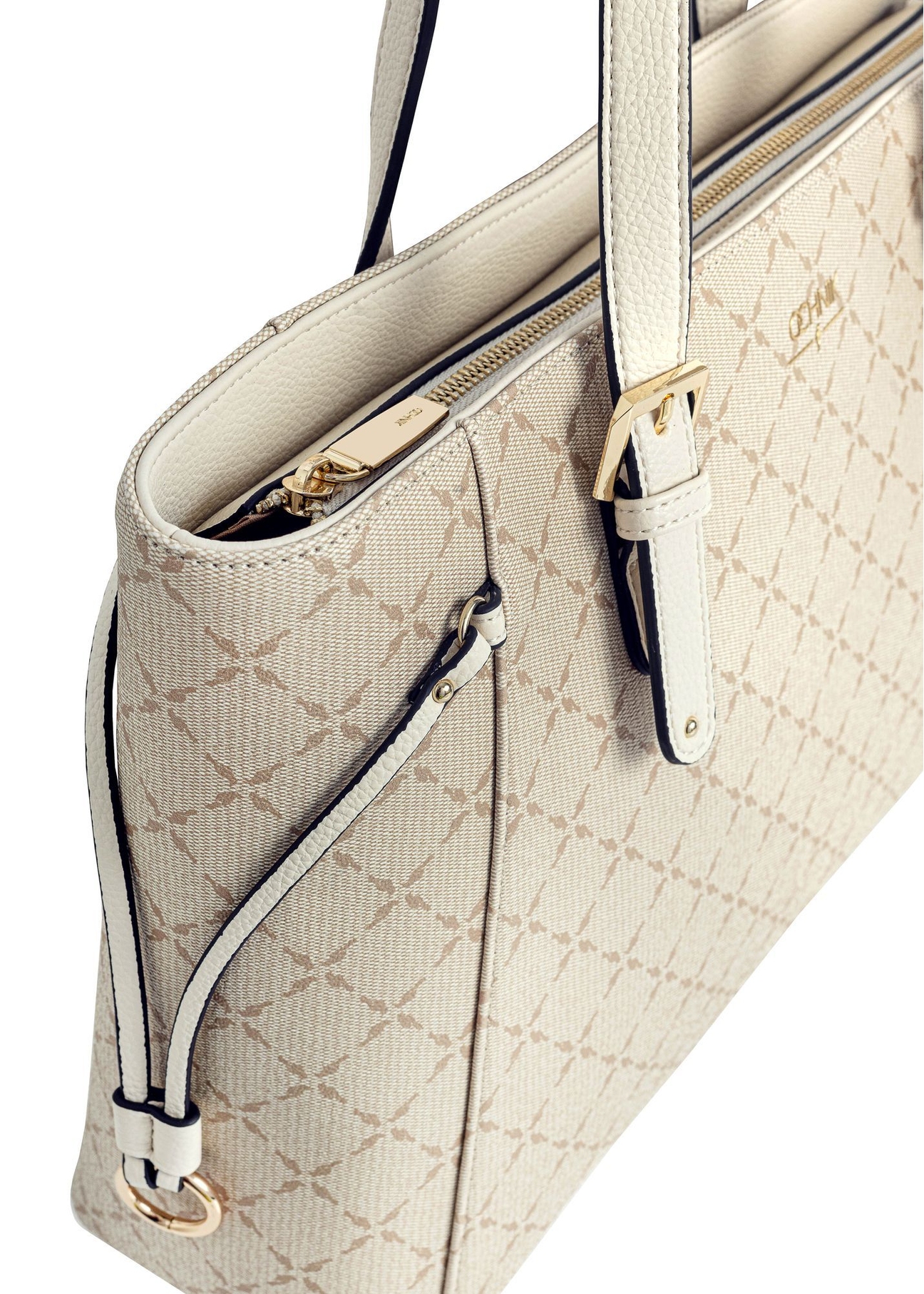 Krémová nákupná taška s monogramom TOREC-1029-0P(W26) - detailný záber na bielom pozadí.