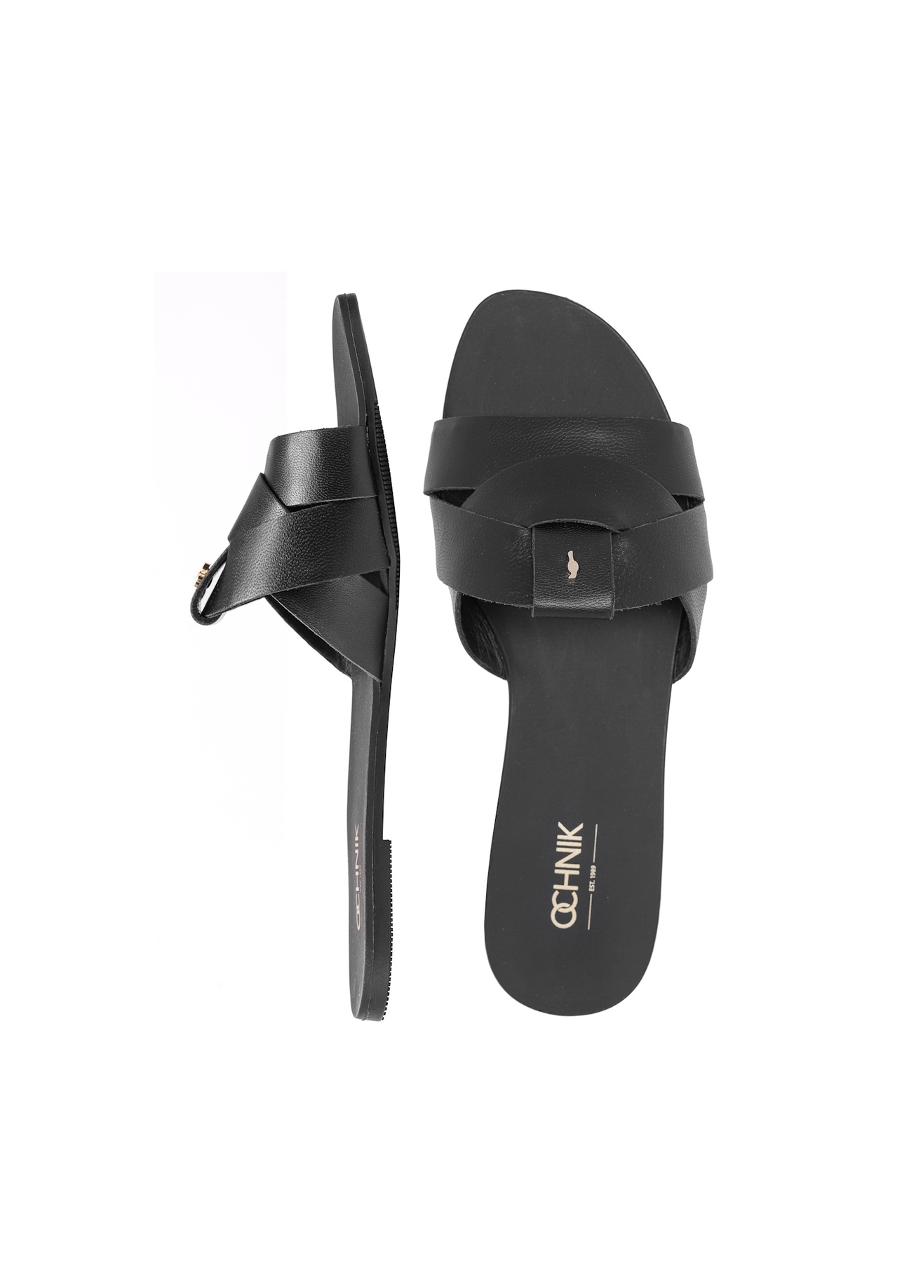 Dámske čierne pletené žabky BUTYD-0903C-99(W26), pohľad zhora na produkt na bielom pozadí.