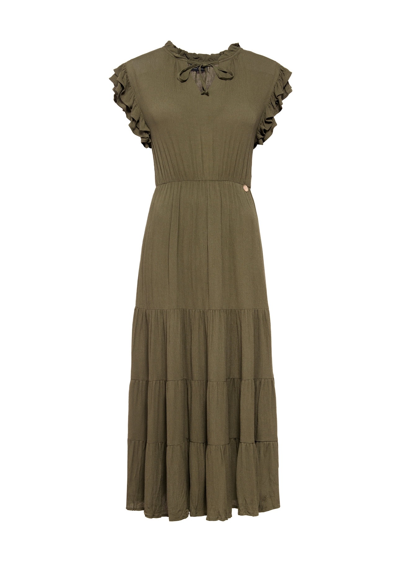 Dlhé khaki šaty SUKDT-0187-54(W25), pohľad na produkt spredu na bielom pozadí.